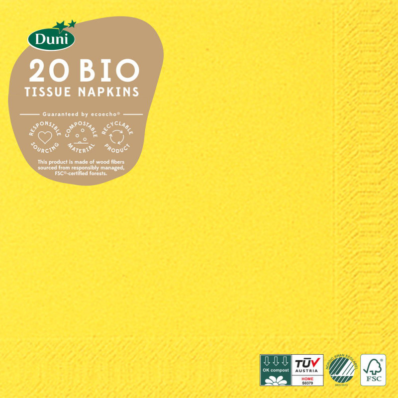 Serviette en tissu Bio 3 plis jaune 33 x 33 cm 20 pièces DUNI