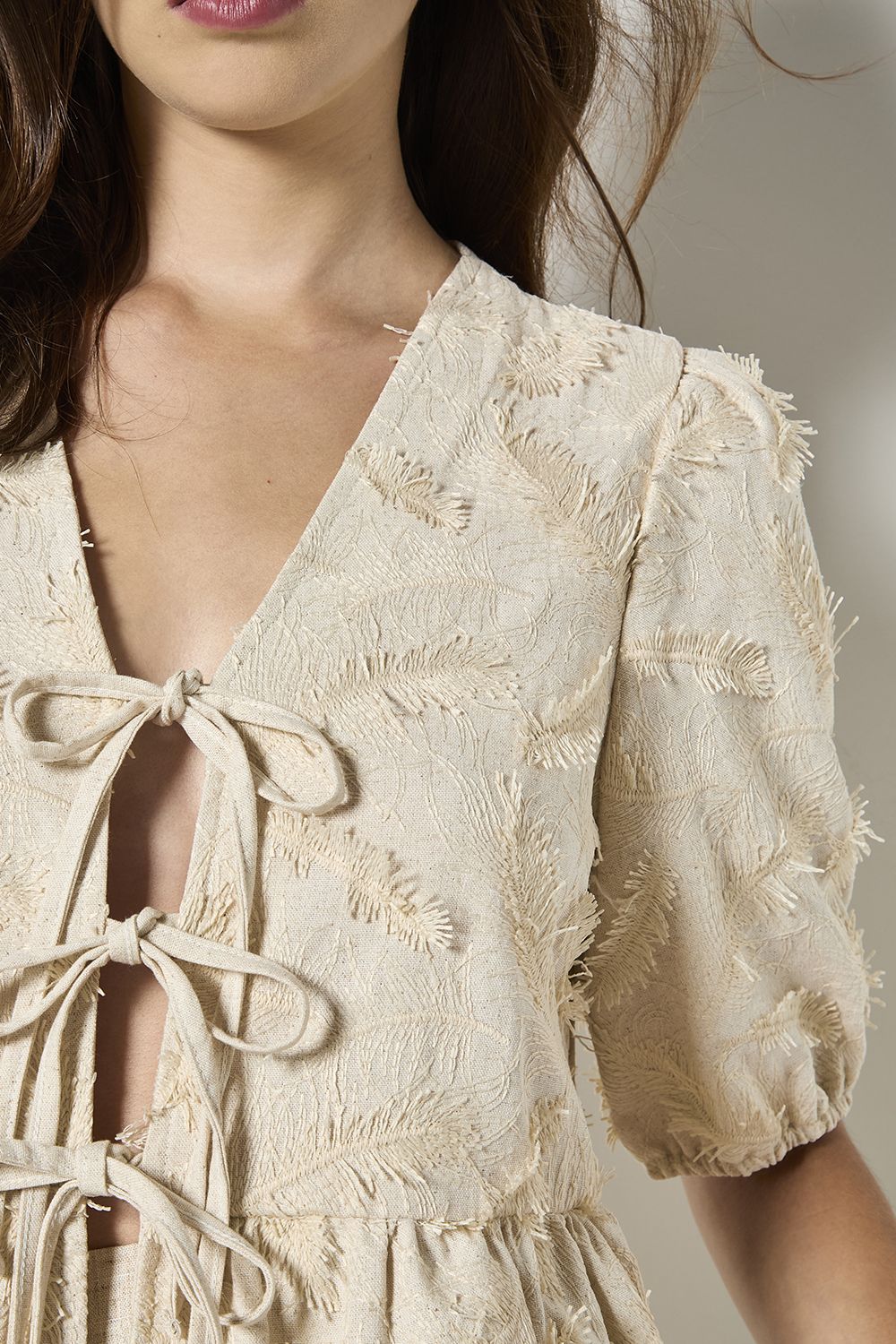 Apricot Eyelash Embroidery Linen Blend Blouse