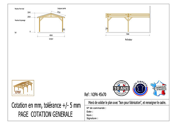 Carport adossé deux pentes 450cmx700cm bois DOUGLAS Français (Charpente en bois-auvent-abri voiture) 32m². Garantie 10 ans
