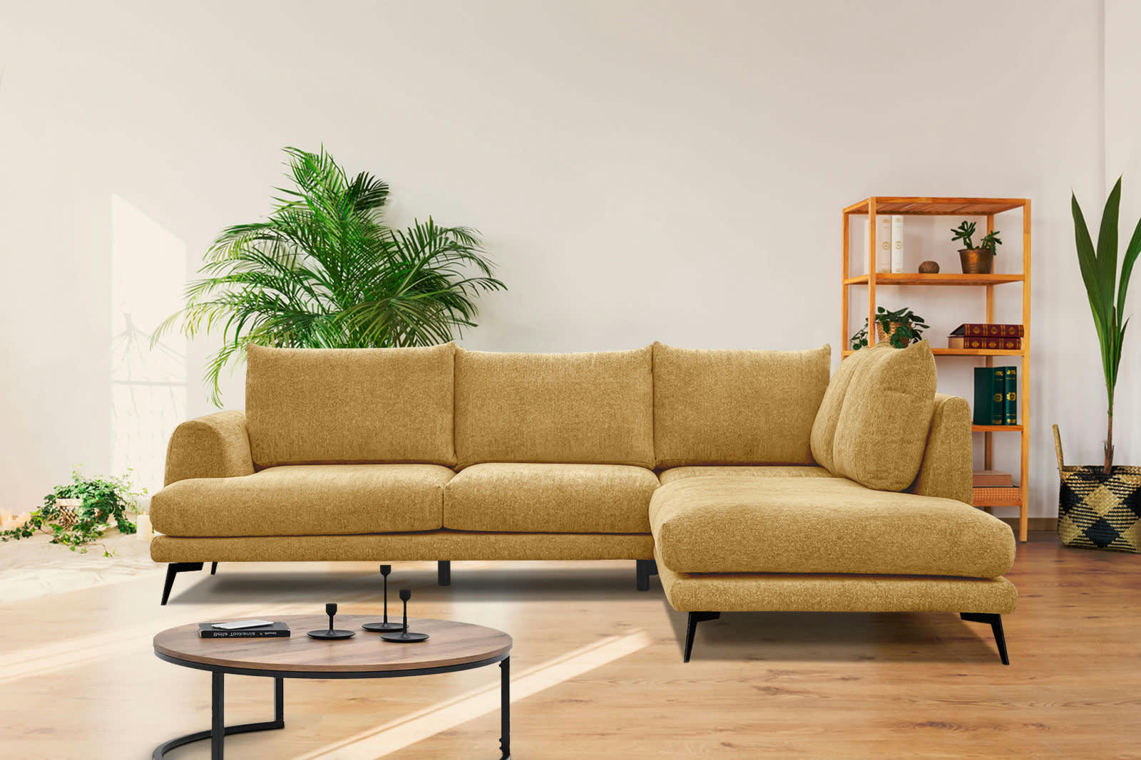 ADRIA - Canapé d'angle droit 5 places tissu jaune