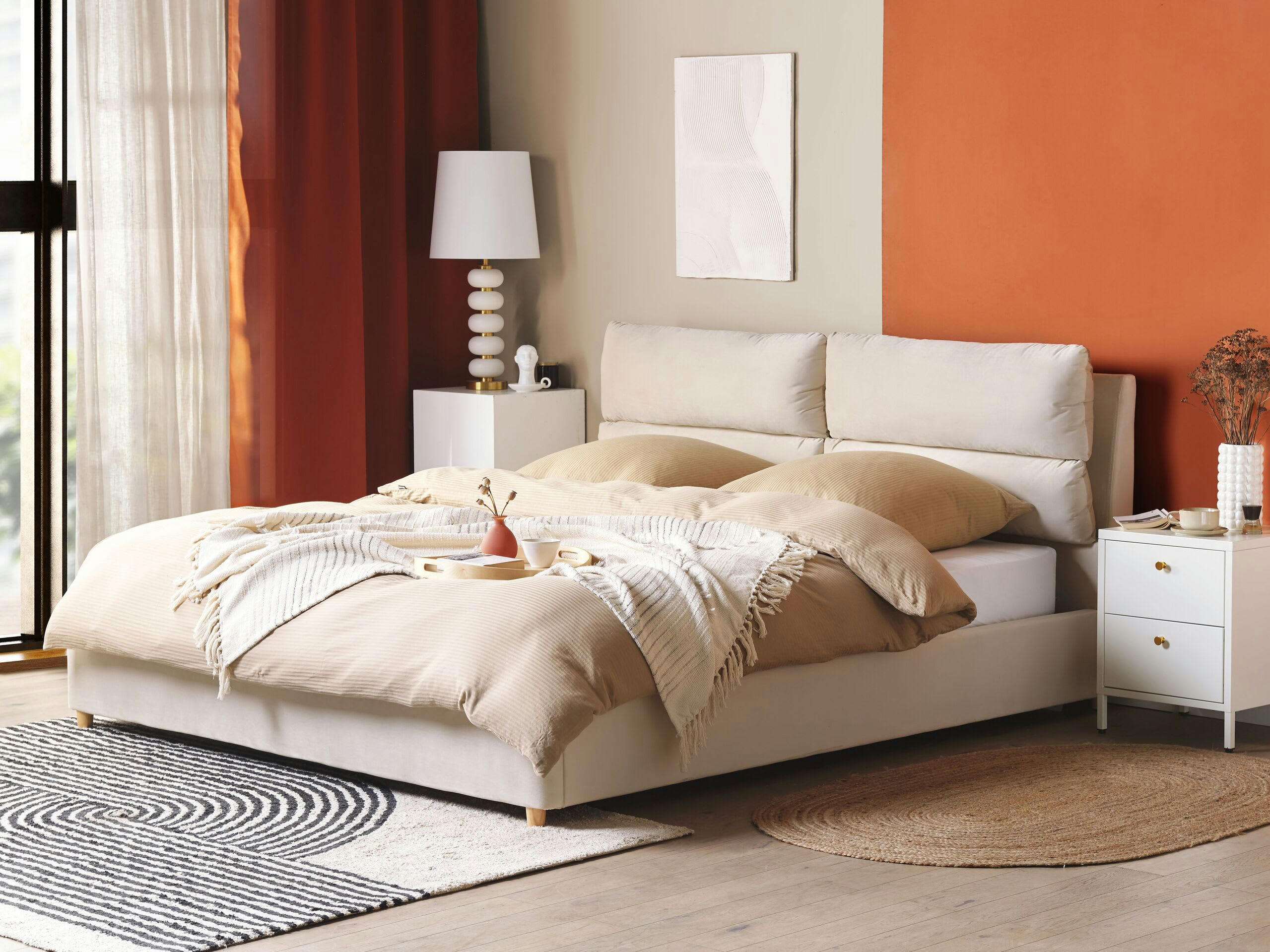 BATILLY - Lit double en tissu beige 180x200