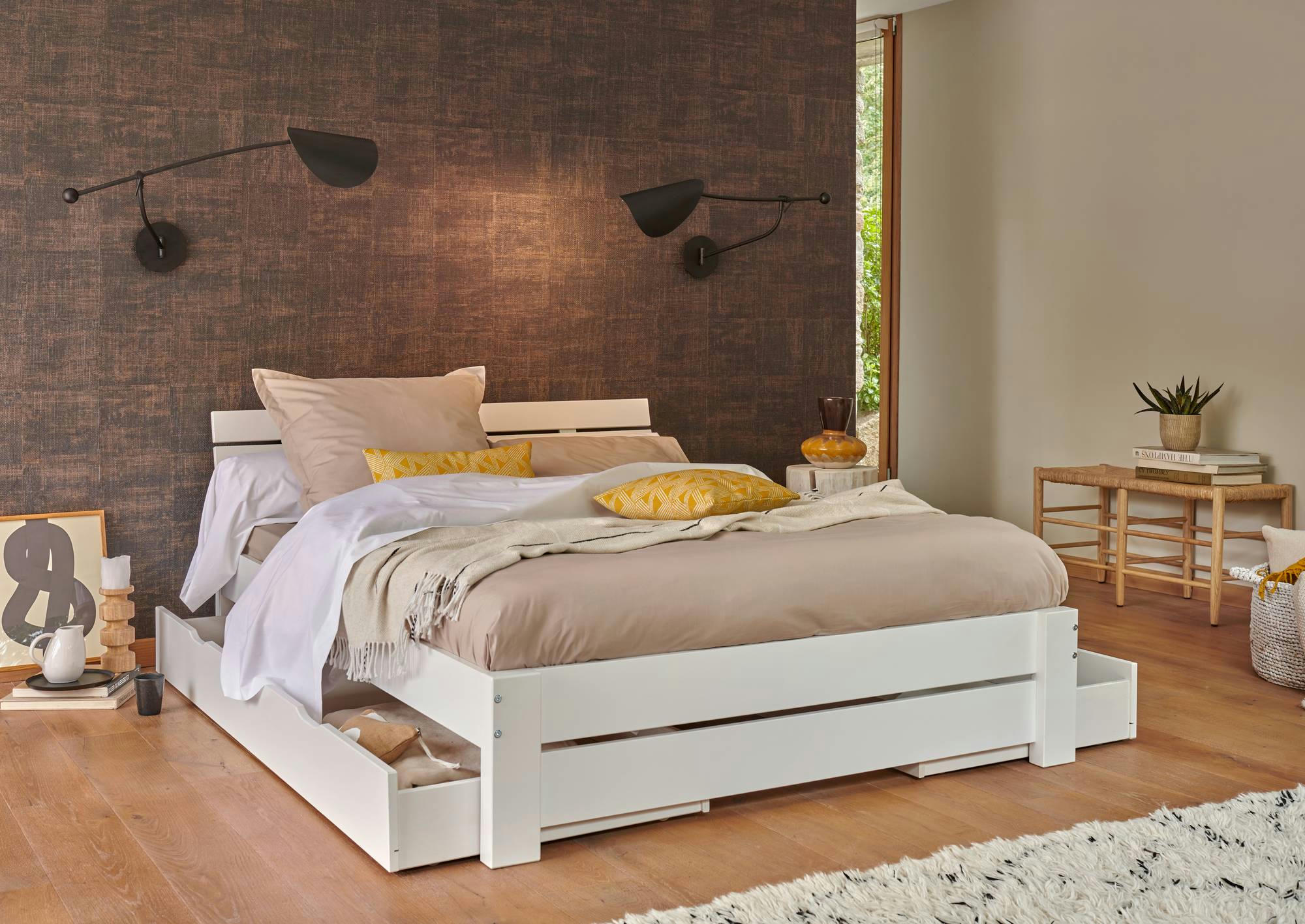 WILLAN - Lit en bois massif avec tiroirs de rangement blanc 160 x 200 cm