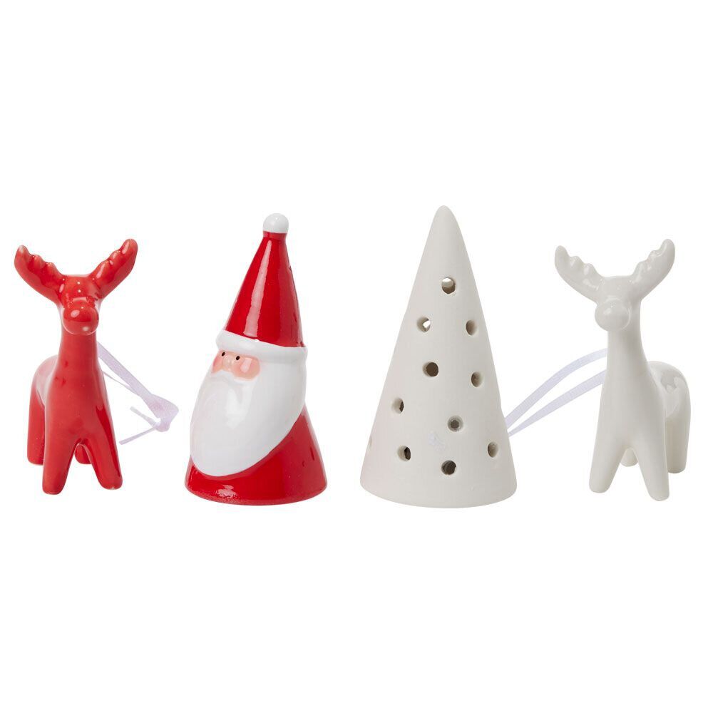 Décoration lumineuse Père No&euml;l cerf sapin porcelaine rouge et blanc x4