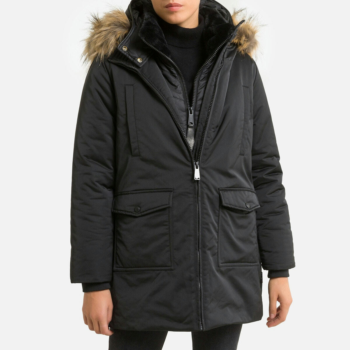 Parka mi-longue à capuche, zippée