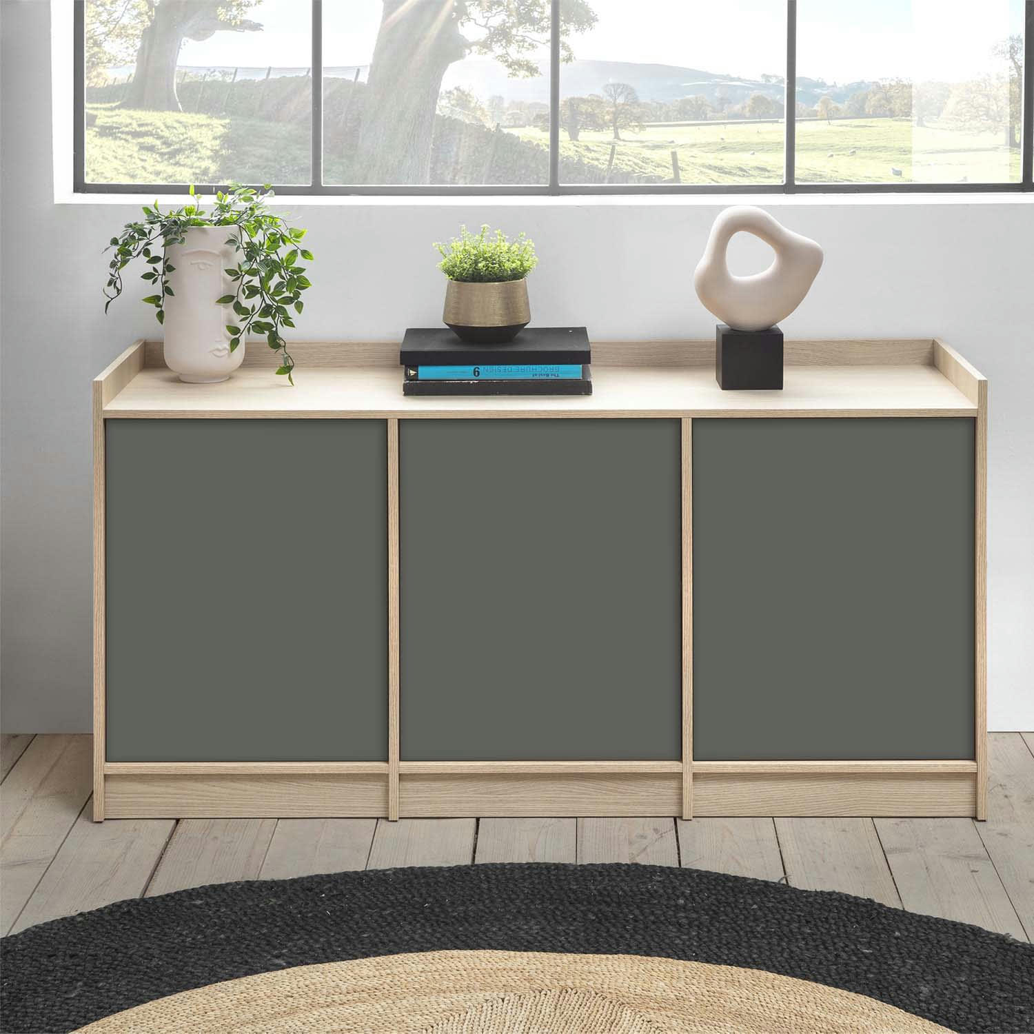 MOSCU - Buffet 3 portes 3 niches internes, couleur chêne/gris, 139 cm largeur