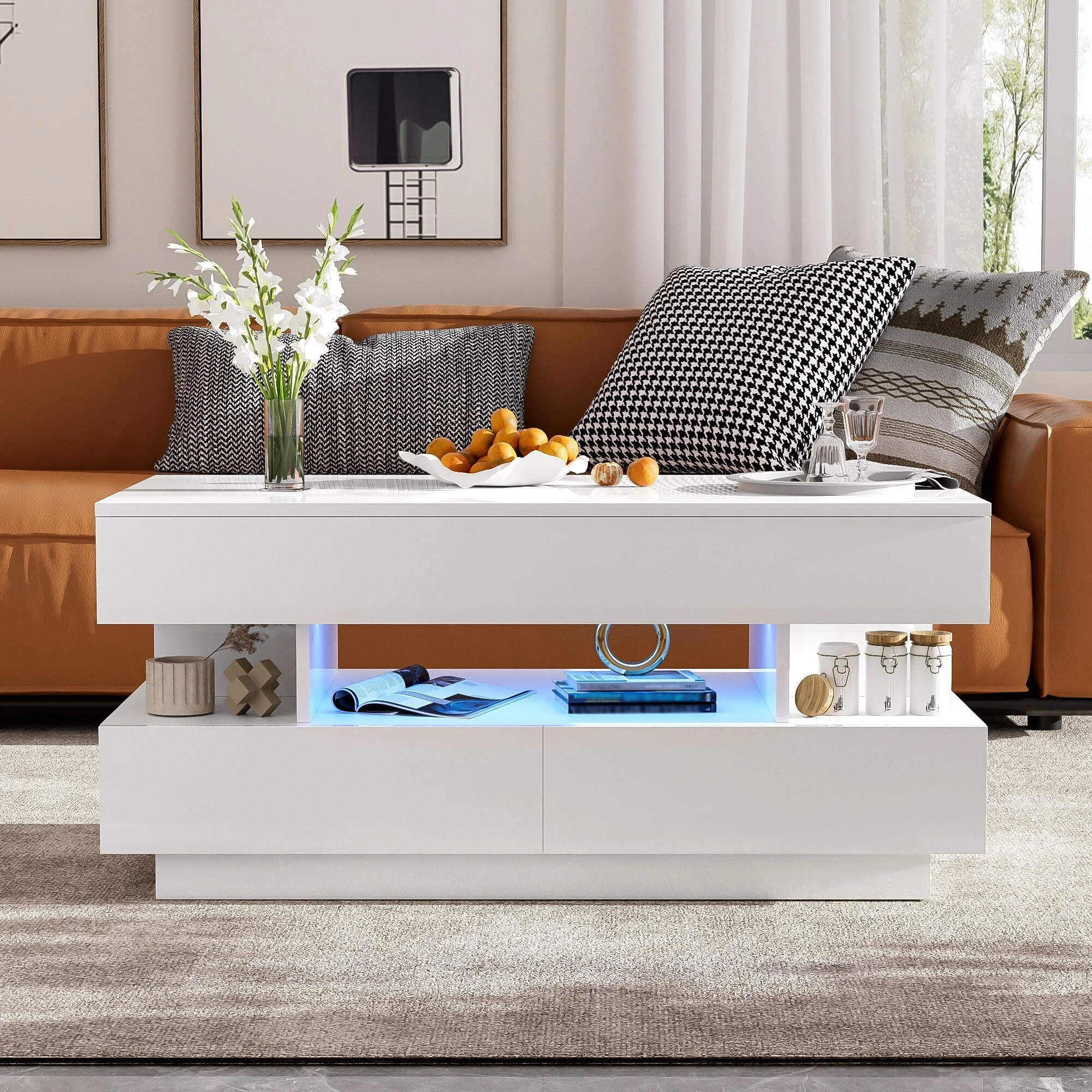 Lift-Top Coffee Table with 2 Drawers, with Adequate Hidden Compartment, Multi-Functional Coffee Table with High-Gloss Finish