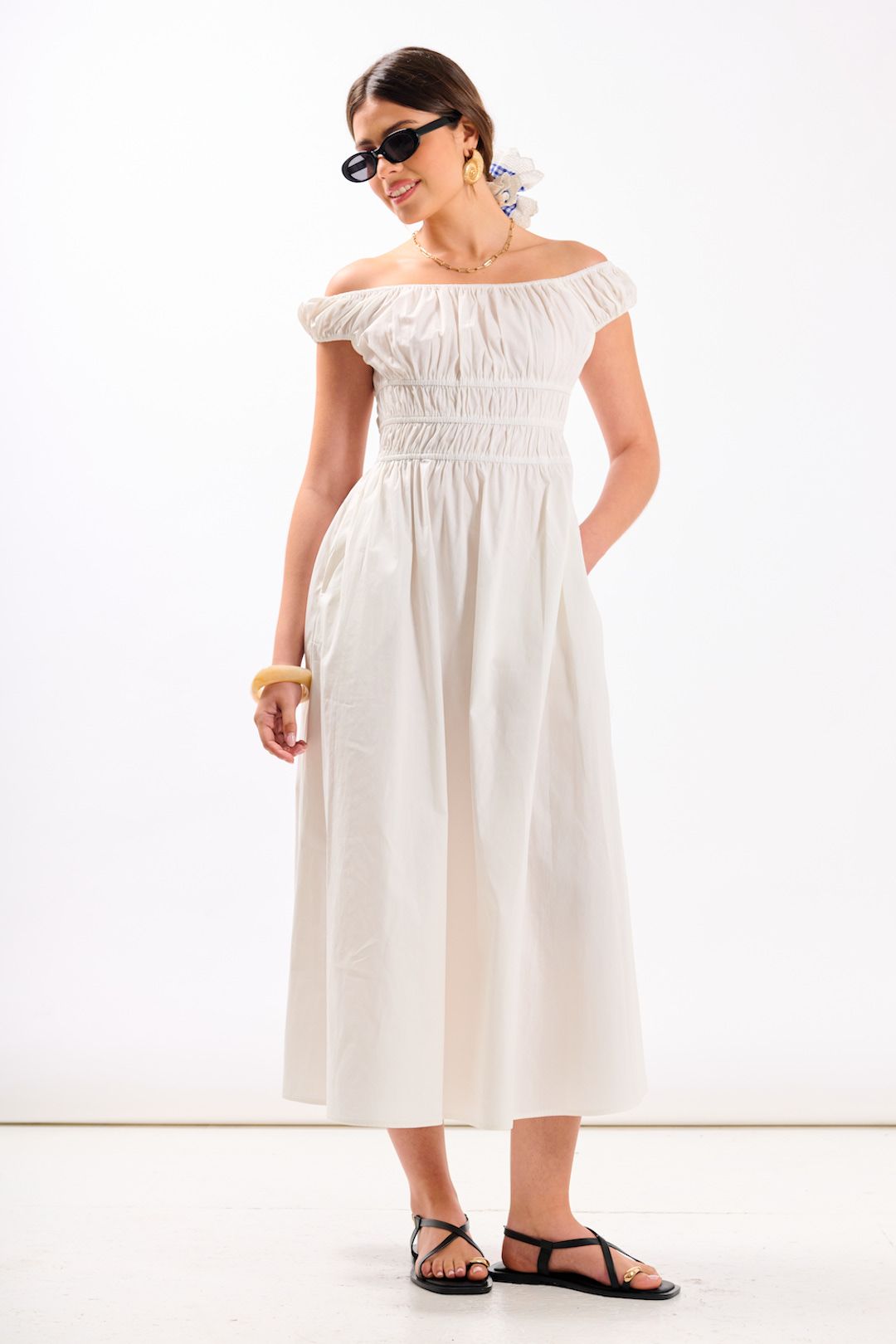 Needs No Label White Cotton Shirred Bardot Midi Dress