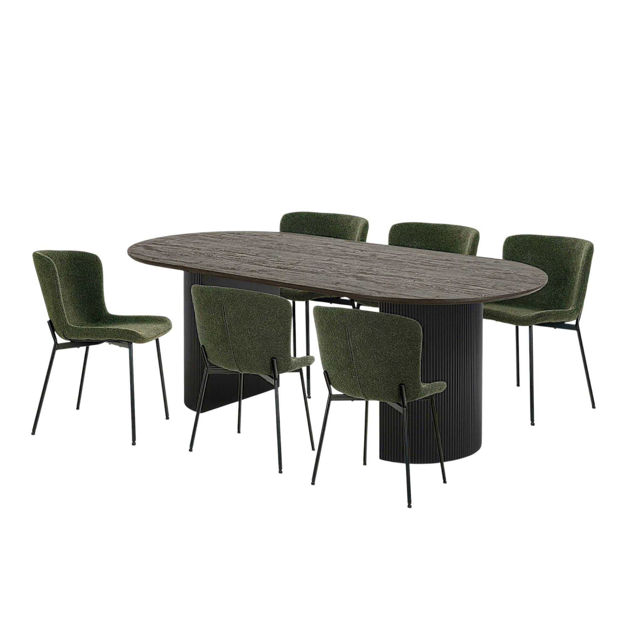 Ens. table ovale décor bois foncé   6 chaises vertes MATERA