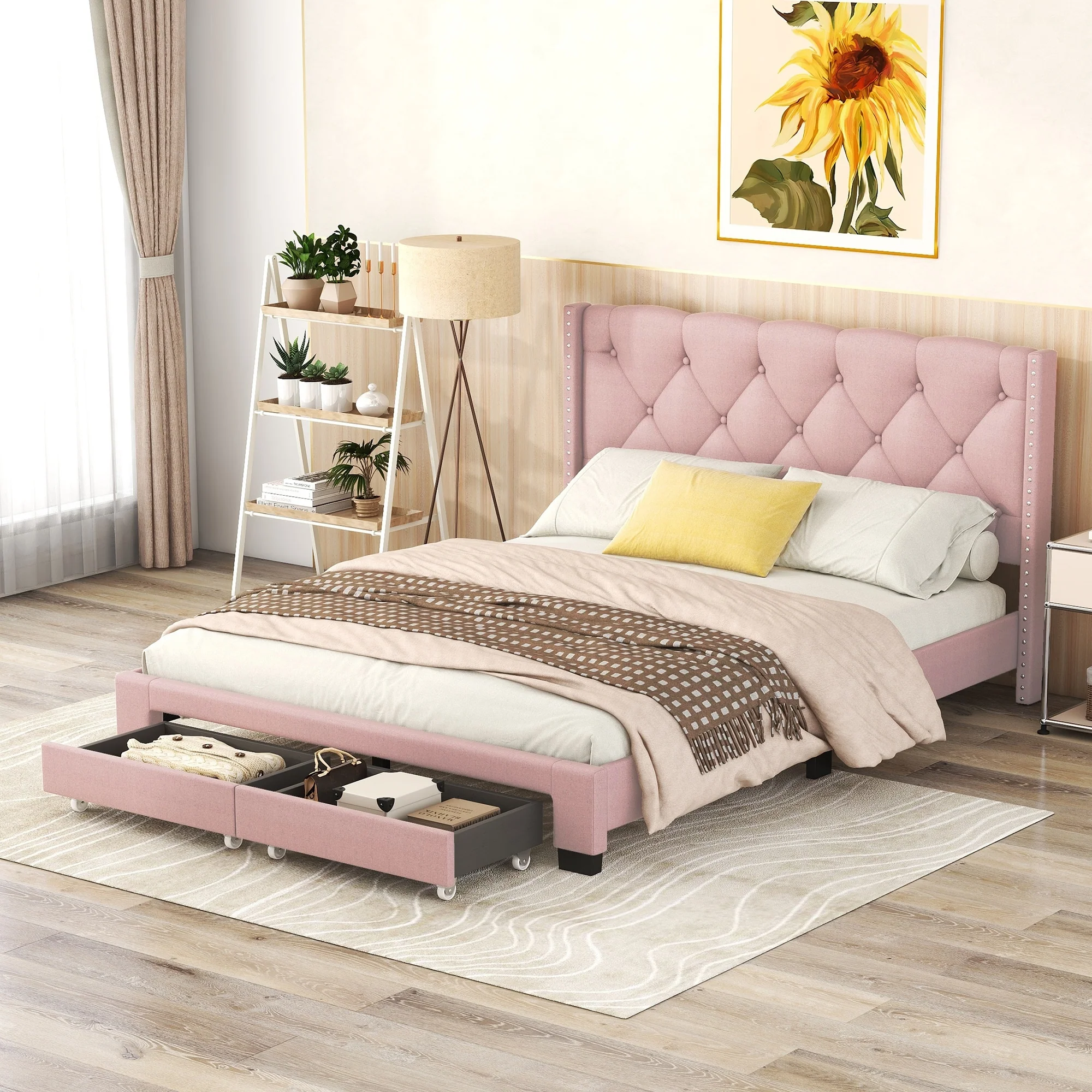 Upholstered Queen Platform Bed with Button Tufted Headboard and Storage Drawers