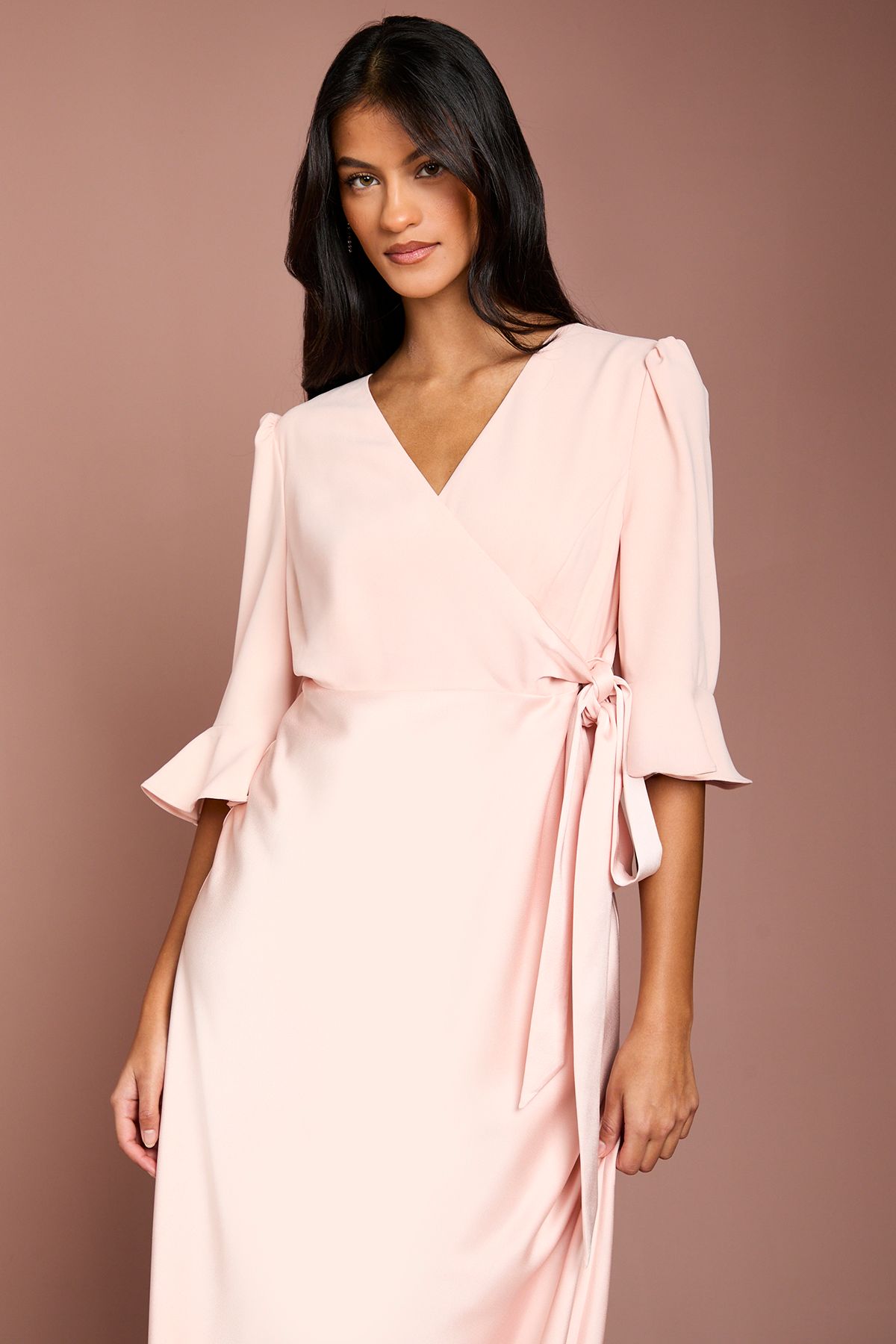 Coast Petite Ruffle Sleeve Satin Back Crepe Wrap Dress