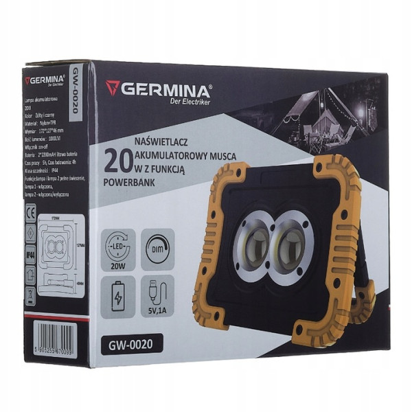 Naświetlacz LED Germina 20W akumulatorowa   power bank robocza 1szt.