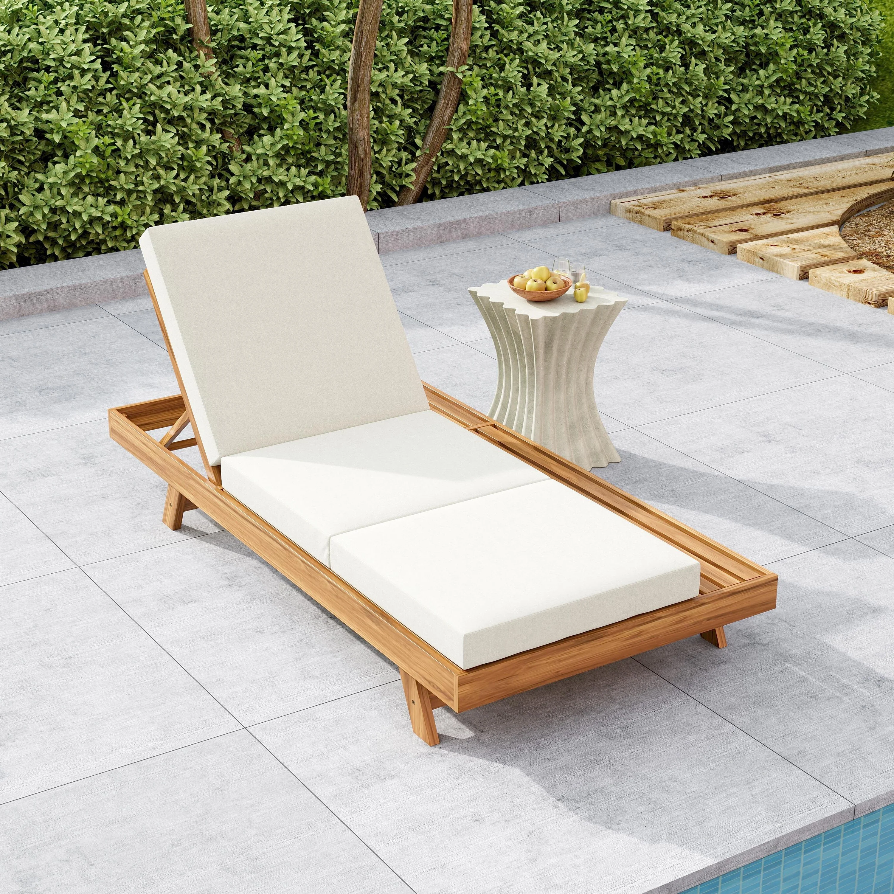 Roomfitters Acacia Wood Lounge Chaise Set with Triple-Fold Cushion and Side Tray, Outdoor Recliner, Cream