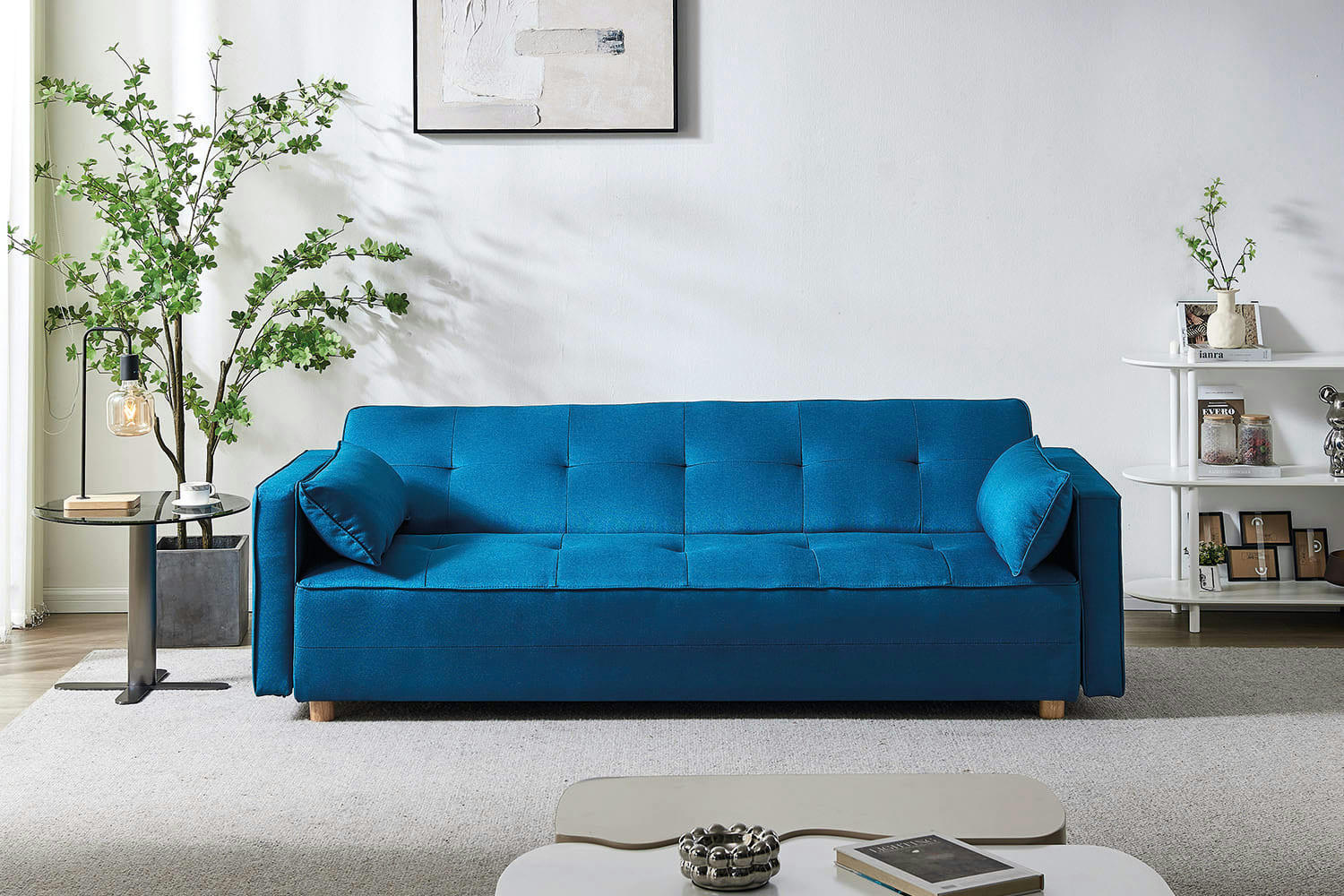 COPENHAGUE - Canapé scandinave convertible 3 places en tissu bleu canard