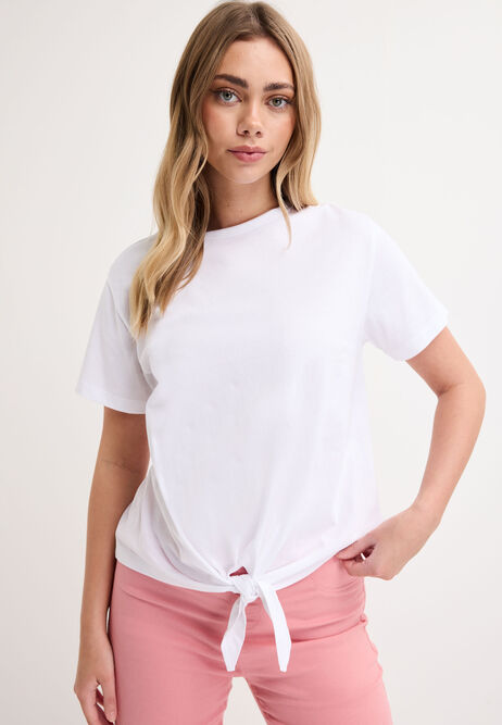 Womens White Cotton Front Knot T-Shirt