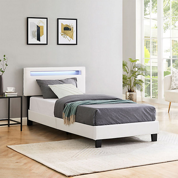 Lit LED simple EVAN 90x190 cm, avec sommier, revêtement en synthétique blanc