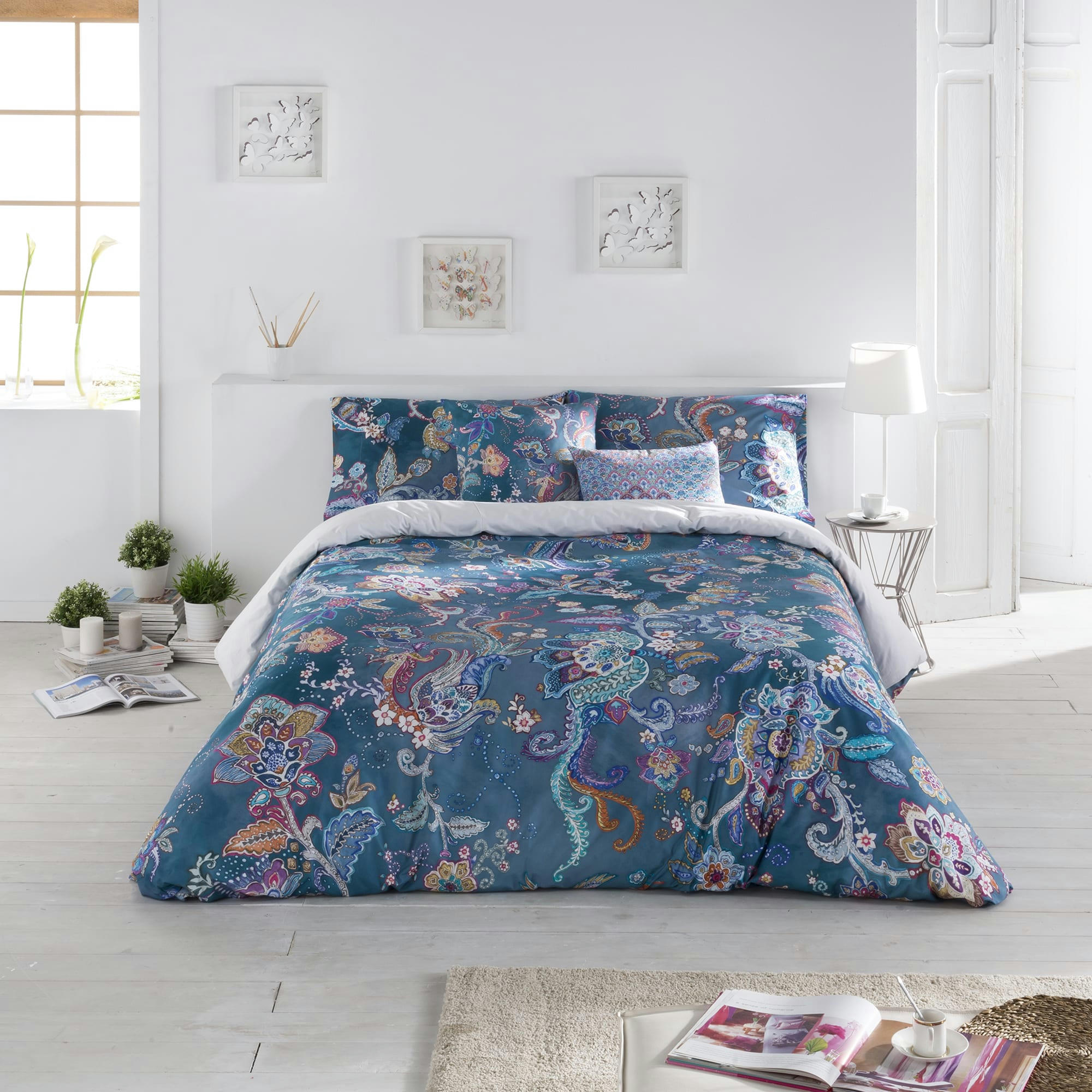 UHTRED - Housse de couette imprimé en percale Coton Bleu 220x220 cm