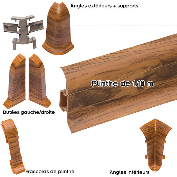 Lot de 50 Plinthes goulotte passe-câble PVC 59 mm - 1,10 m avec angles, raccords et butées Chêne