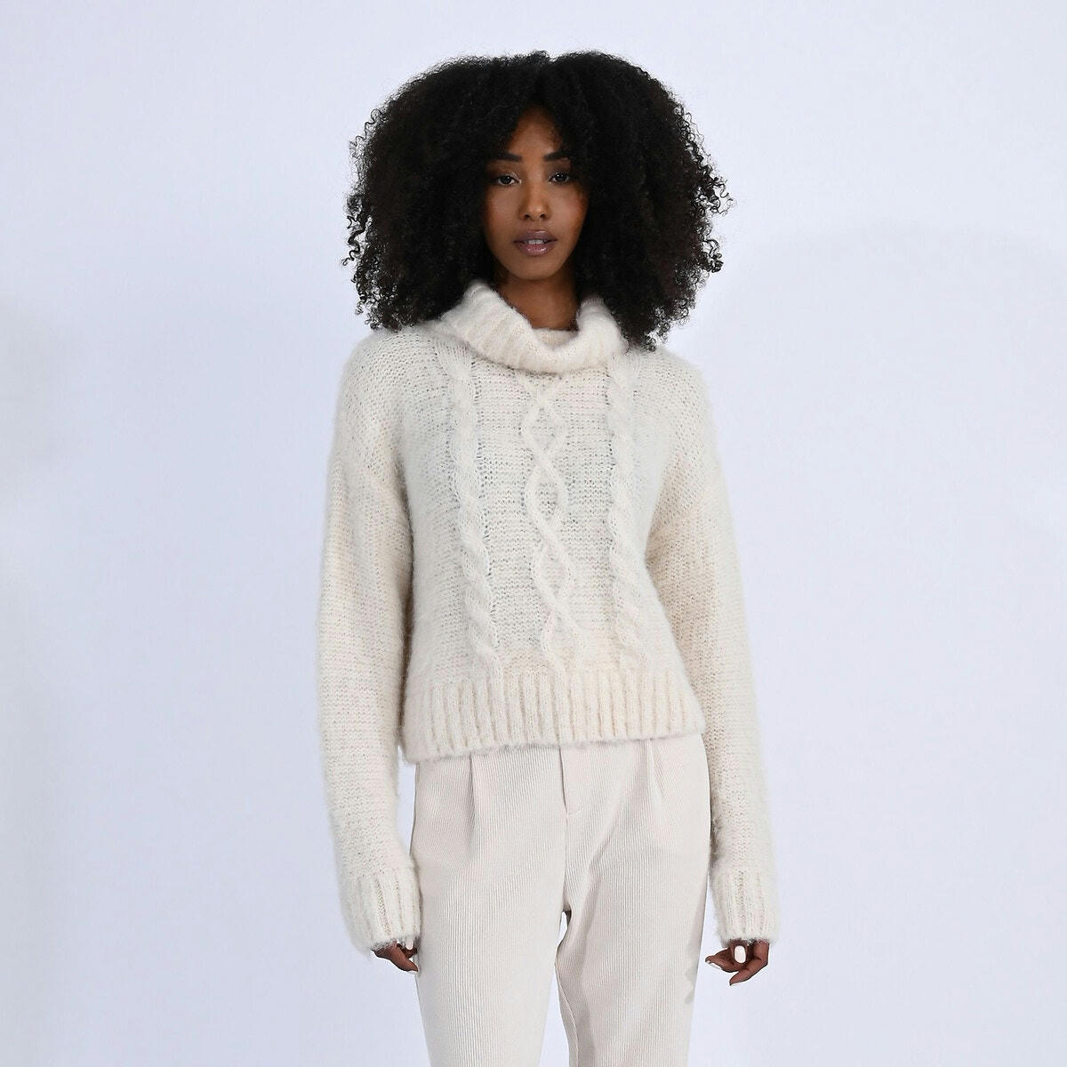Pull  col roulé maille torsadée