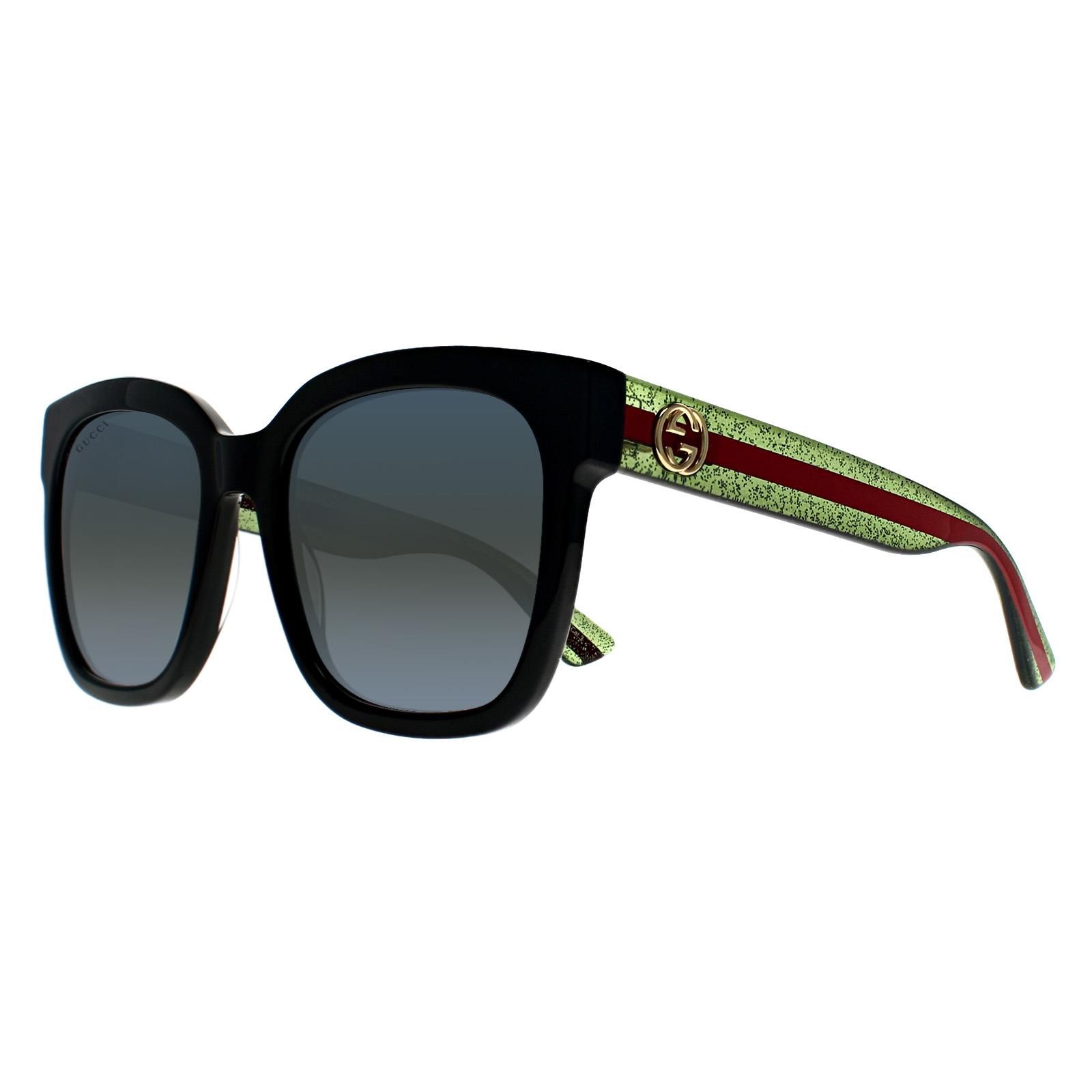 Gucci Square Black With Green and Red Glitter Grey Gradient GG0034SN Sunglasses