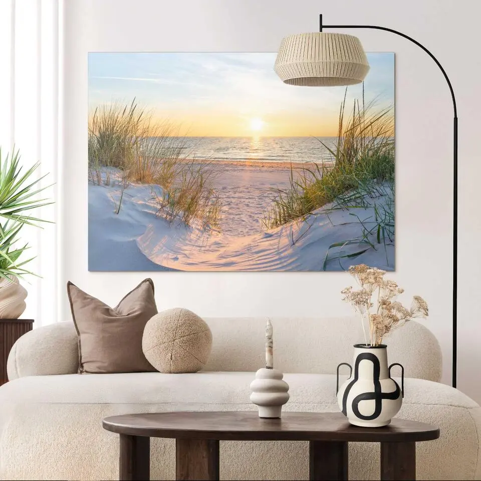 Schilderij Zonsondergang bij de duinen - 100 x 140 - Beige