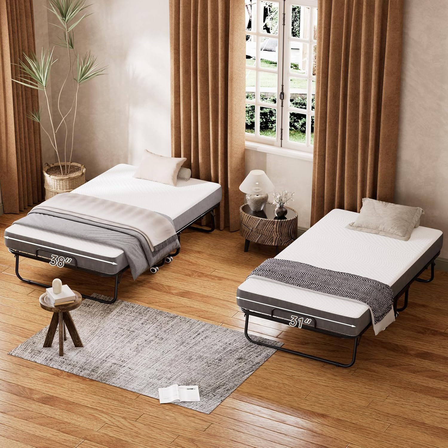 75 x 31 Folding Bed with Mattress for Adults, Rollaway Bed with Mattress, Foldable Bed with 5 Memory Foam Mattress, Space-Saving Sturdy Metal Frame for Bedroom & Office