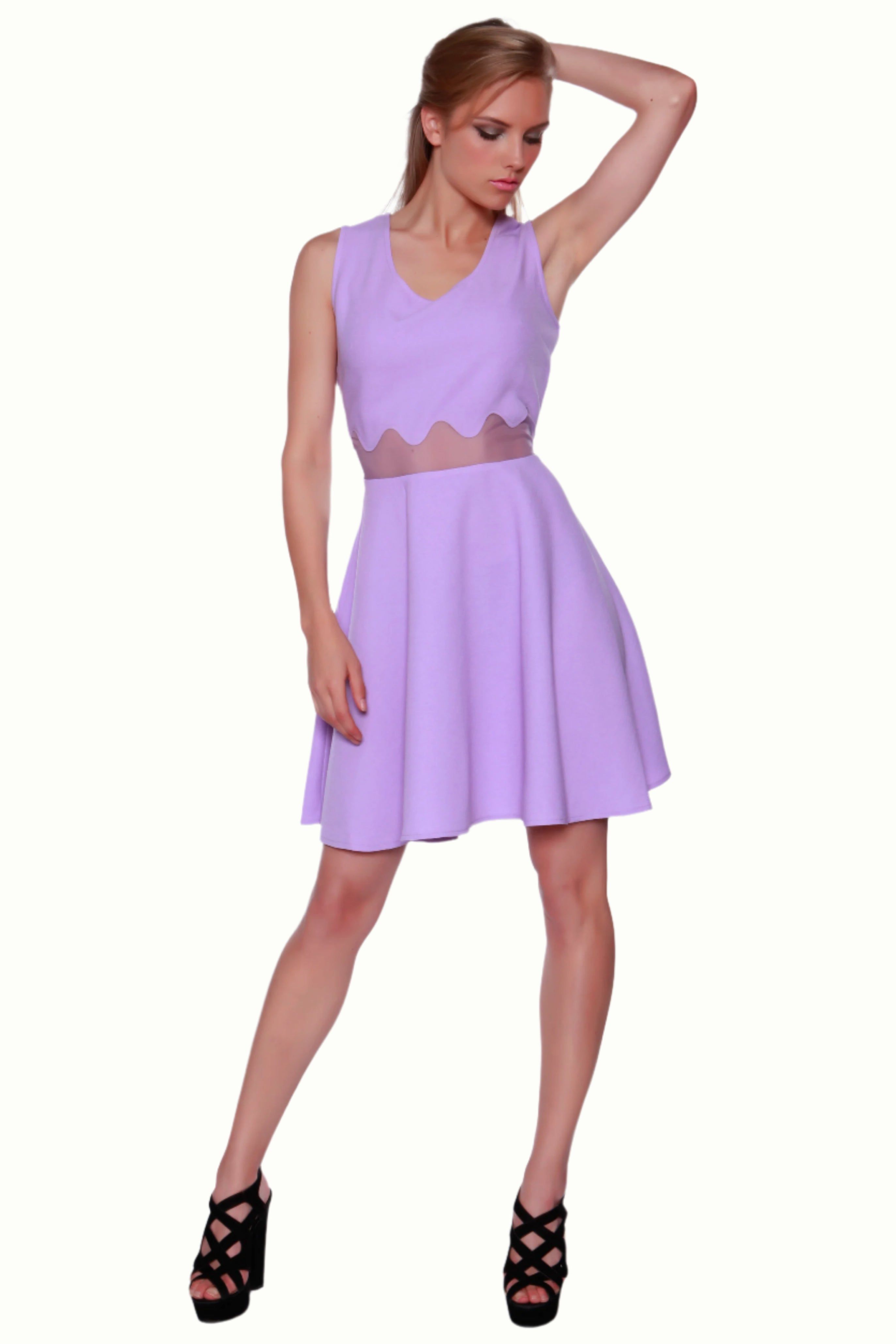 Cutie London Scalloped Skater Dress with Sheer Waist