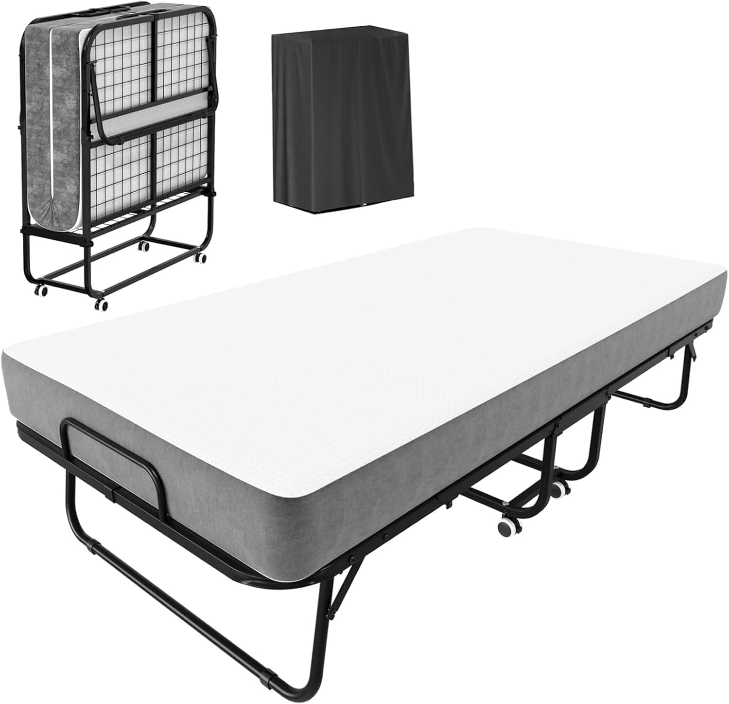 75 x 31 Folding Bed with Mattress for Adults, Rollaway Bed with Mattress, Foldable Bed with 5 Memory Foam Mattress, Space-Saving Sturdy Metal Frame for Bedroom & Office
