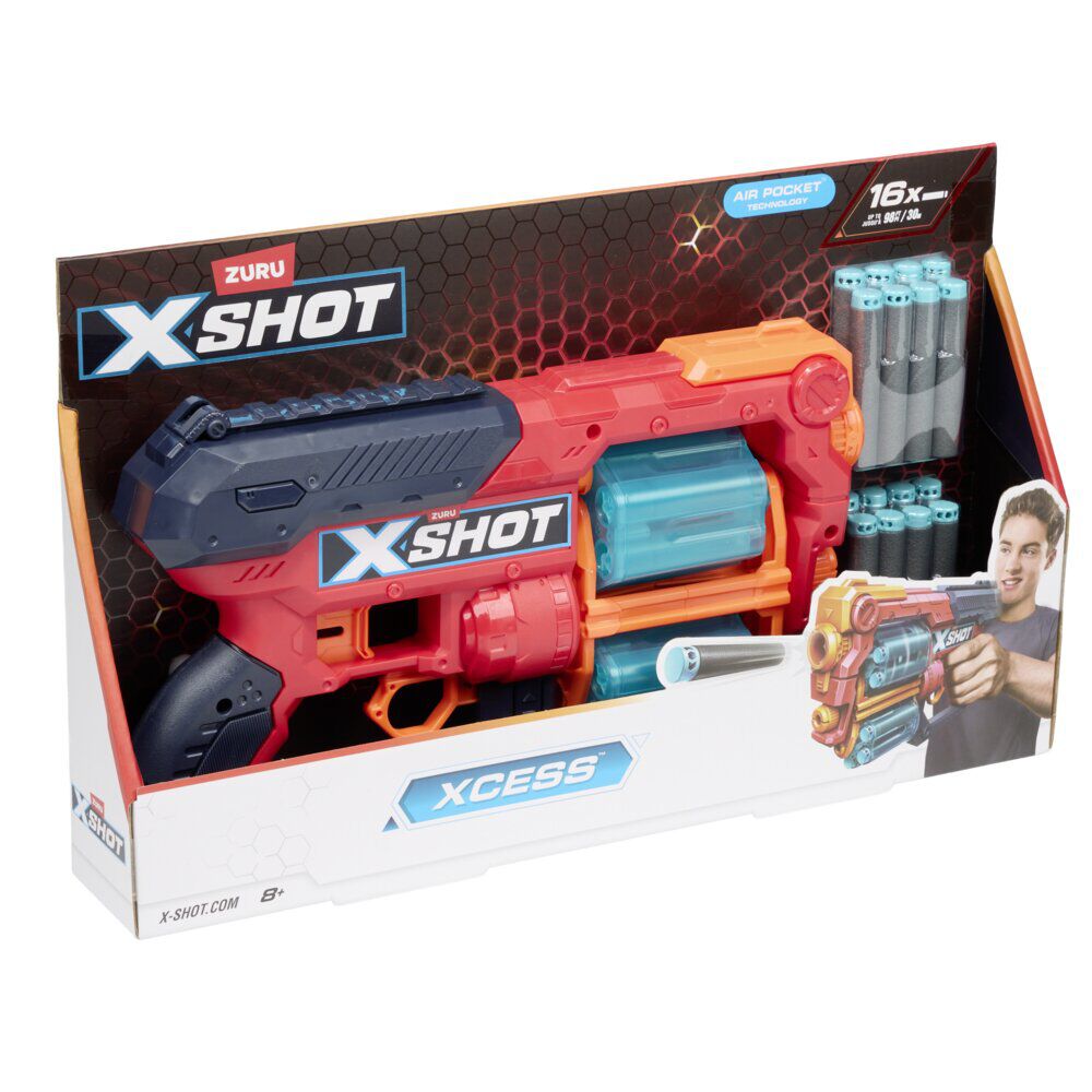Pistolet à fléchettes x16 Zuru Xshot Xcess plastique rouge et bleu
