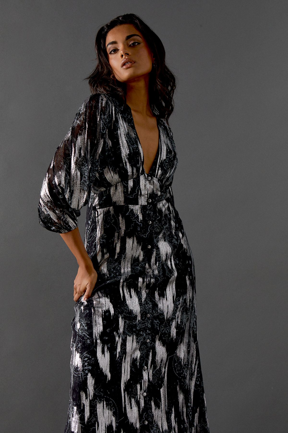 Warehouse Metallic Paisley Jacquard Plunge Neck Button Through Midi Dress