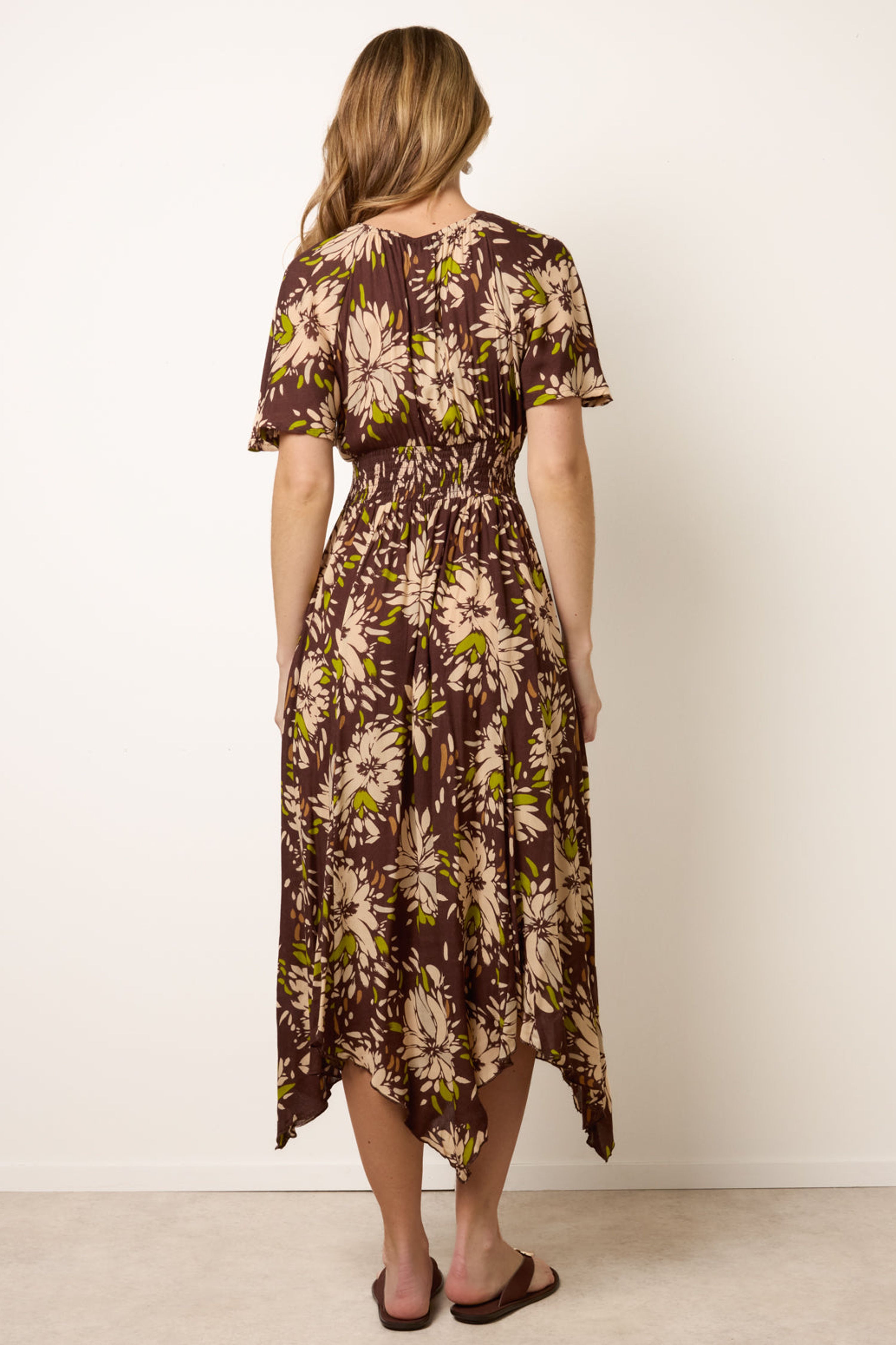 Blue Vanilla Brown Shirred Waist Hanky Hem Dress