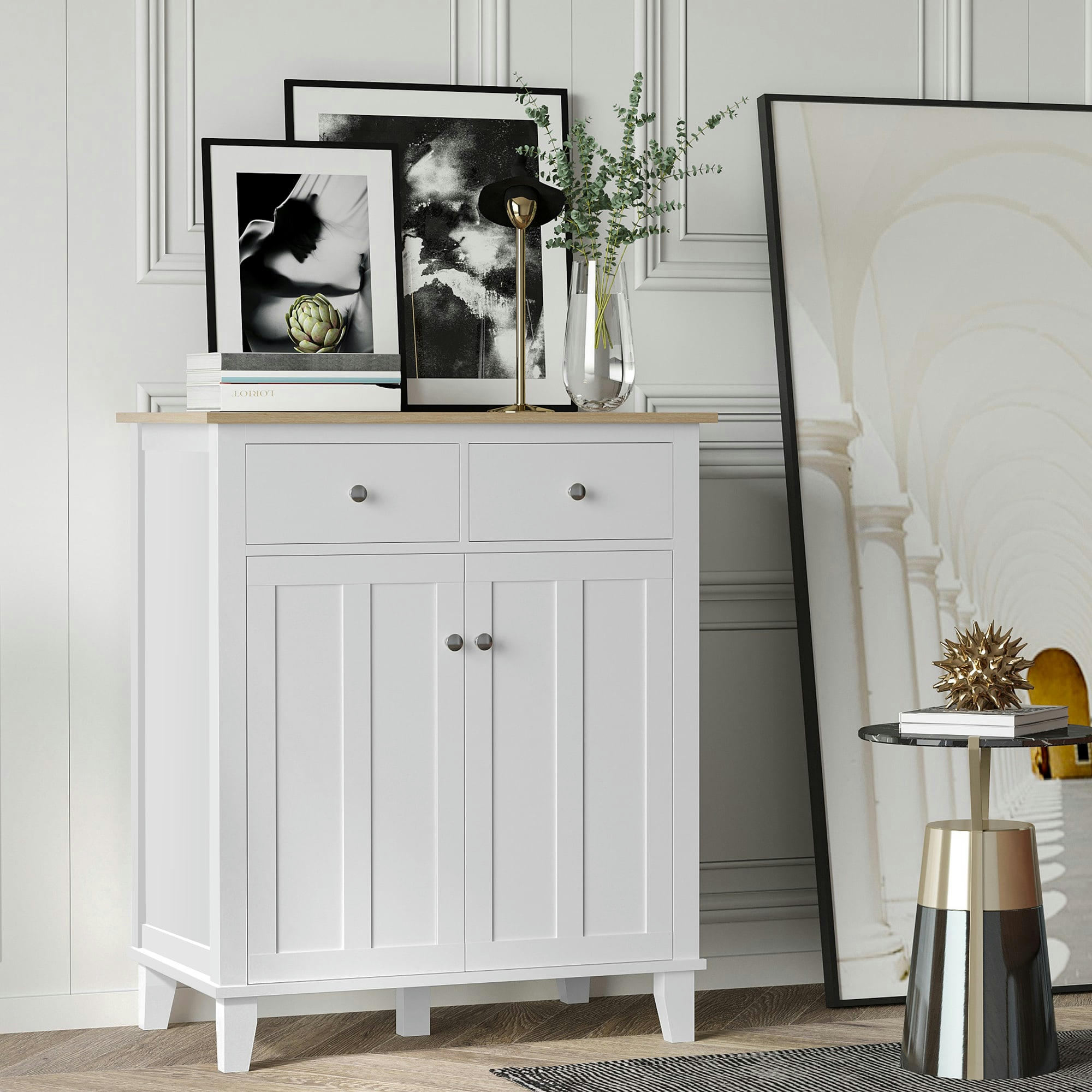 - Buffet 2 portes étagère 2 tiroirs panneaux blanc aspect bois clair