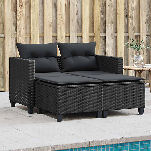 Canapé de jardin 2 places avec tabourets noir résine tressée vidaXL