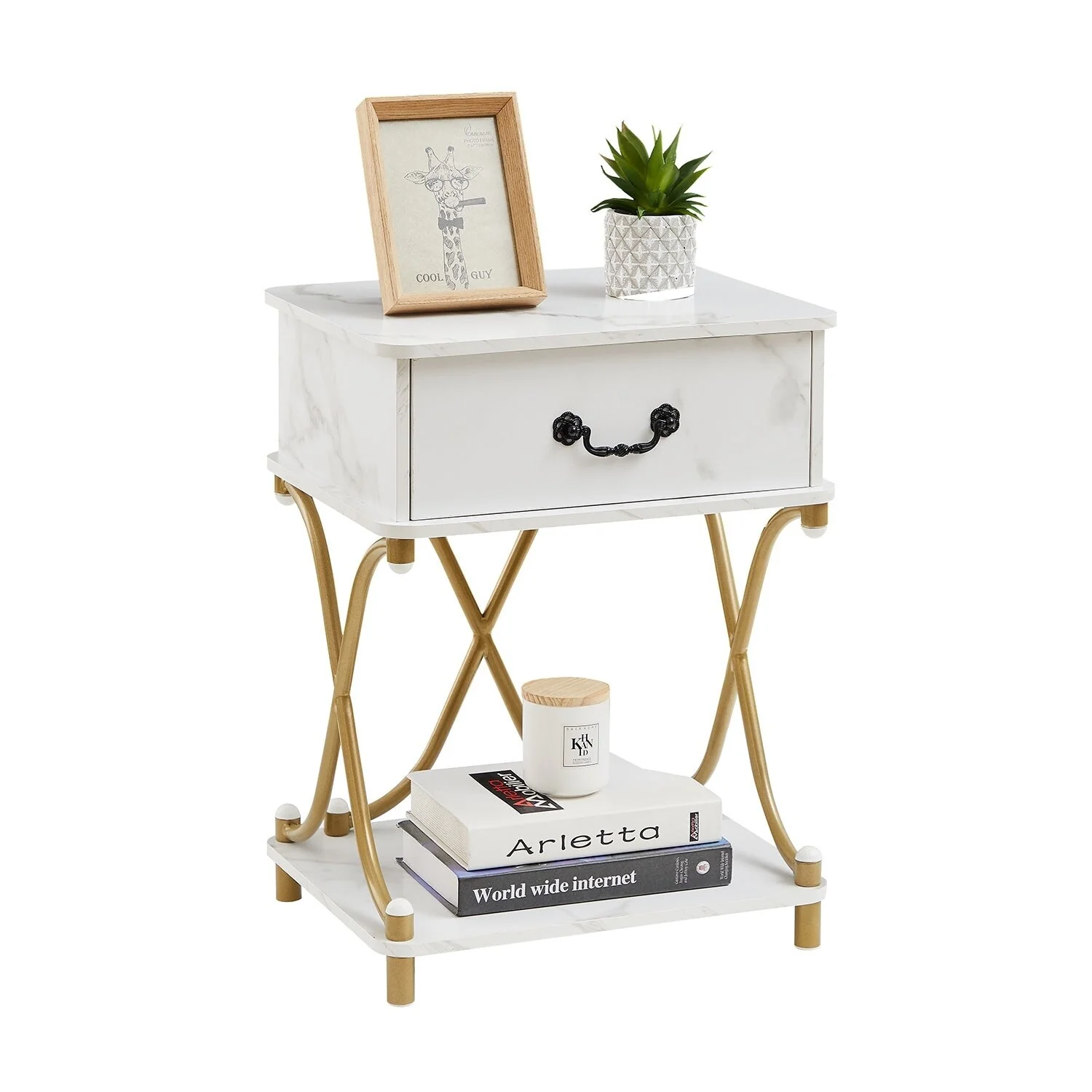 Modern Nightstand with 1-Drawer and Storage Shelf, X-design End Side Table