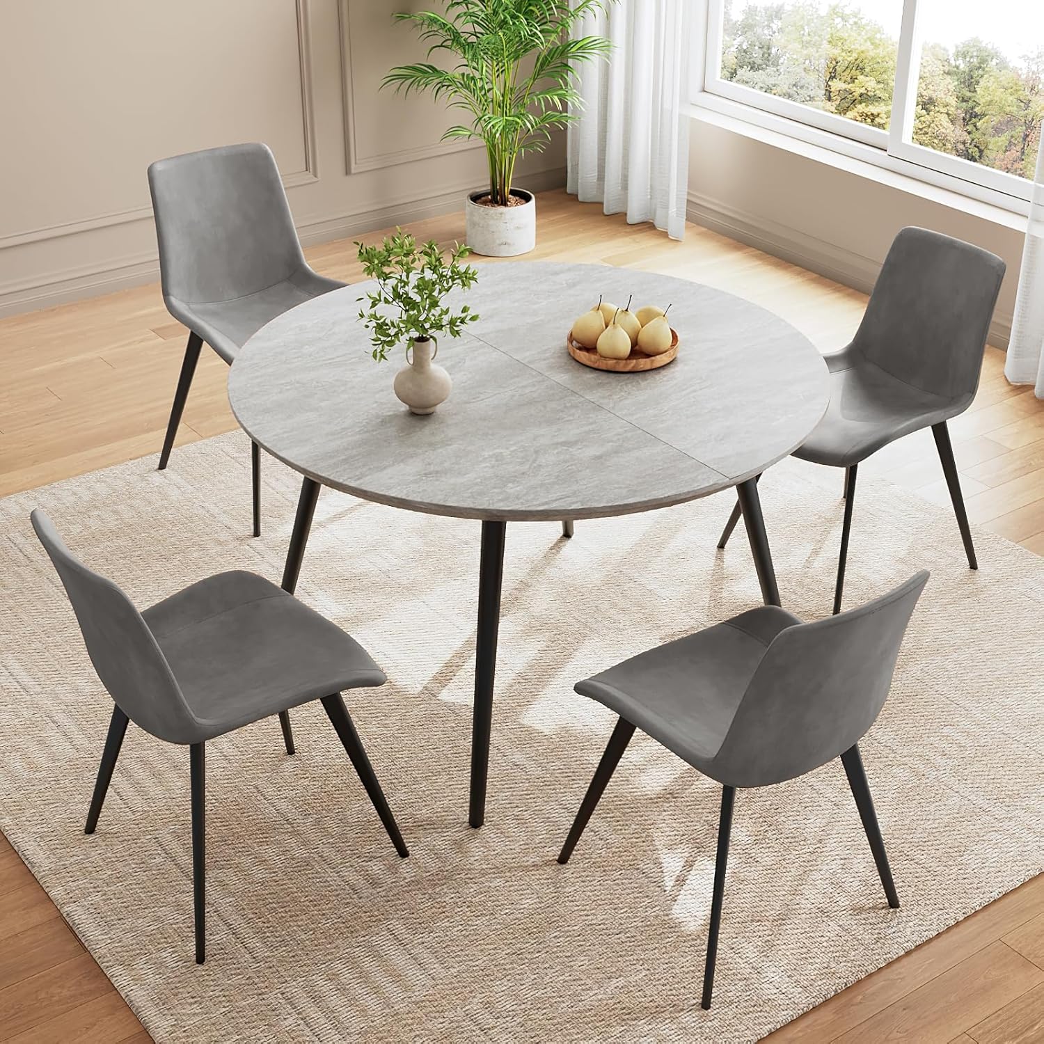 HIPIHOM 43.3-59.1 Extendable Dining Table Set with Metal Legs, Wooden Round Kitchen Table for 4-6 Person, Gray Coffee Table w/Easy-Clean Tabletop