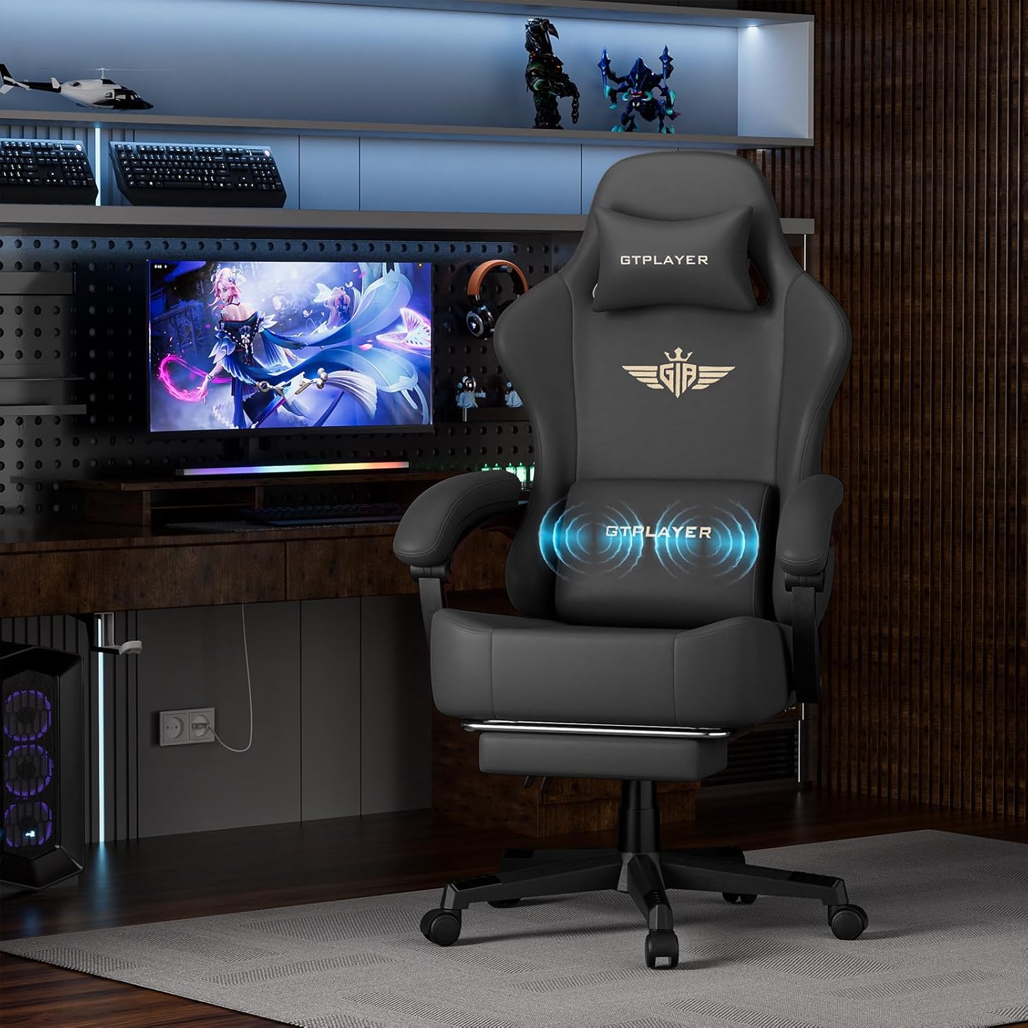 GTPLAYER Gaming Chair with Pocket Spring Cushion, Big and Tall Gamings Chairs 350LBS High Back Computer Chair with Footrest for Adults Lumbar Support Swivel Game Chair for Office,Leather Black-Massage