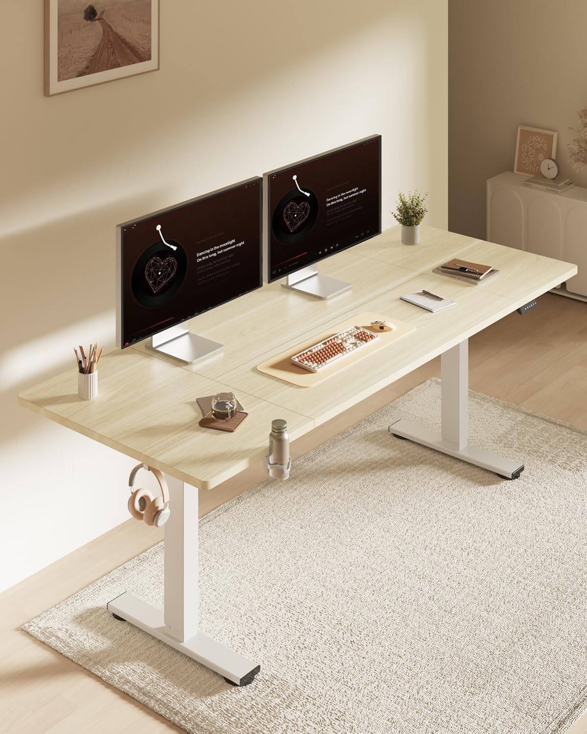 FLEXISPOT 71x32 Inch Electric Large Standing Desk for Home & Office, Spacious Splice Board Desk with Cable Management & Organizer, Cup Holder & Hook, White Wood Grain