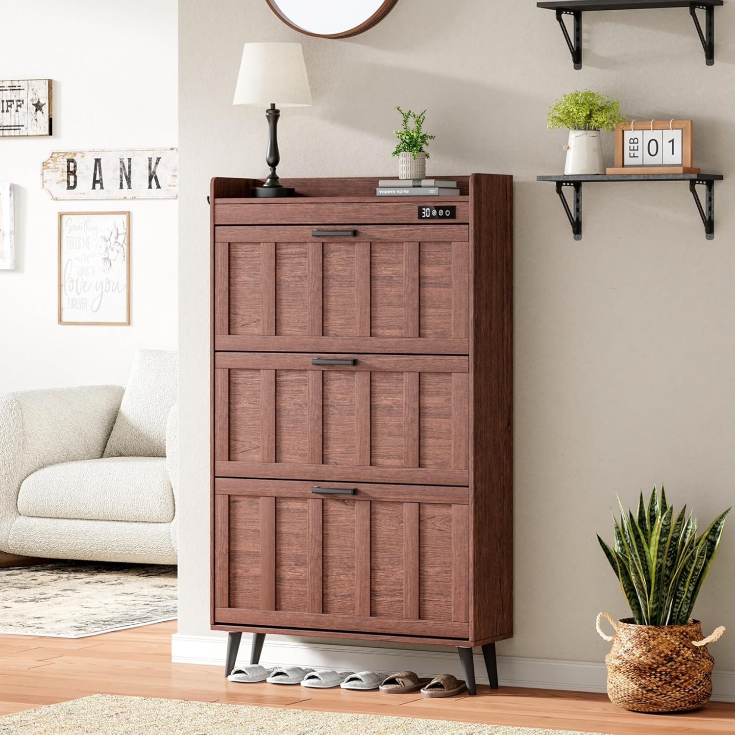 ChooChoo Shoe Storage Cabinet with 3 Flip Drawers, Deodorizing Shoe Organizer Storage for Entryway, Freestanding Hidden Slim Narrow Shoe Rack Cabinet, Walnut