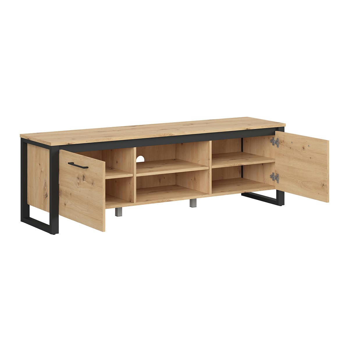 - Meuble tv 2 portes 2 niches 160 cm naturel et noir