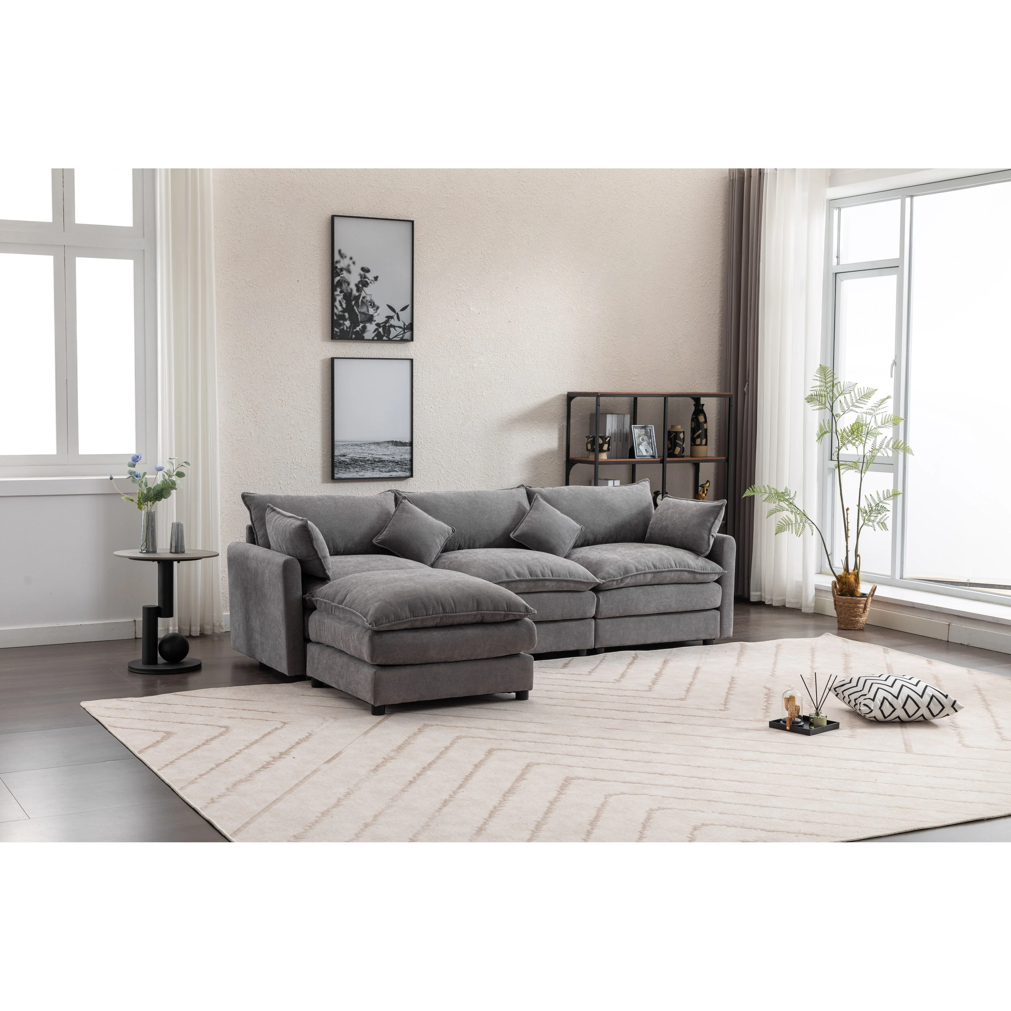 Grey 100.39'' Stylish L-Shaped 3-Seat Modular Sofa with Removable Ottoman, Comfortable and Versatile Design