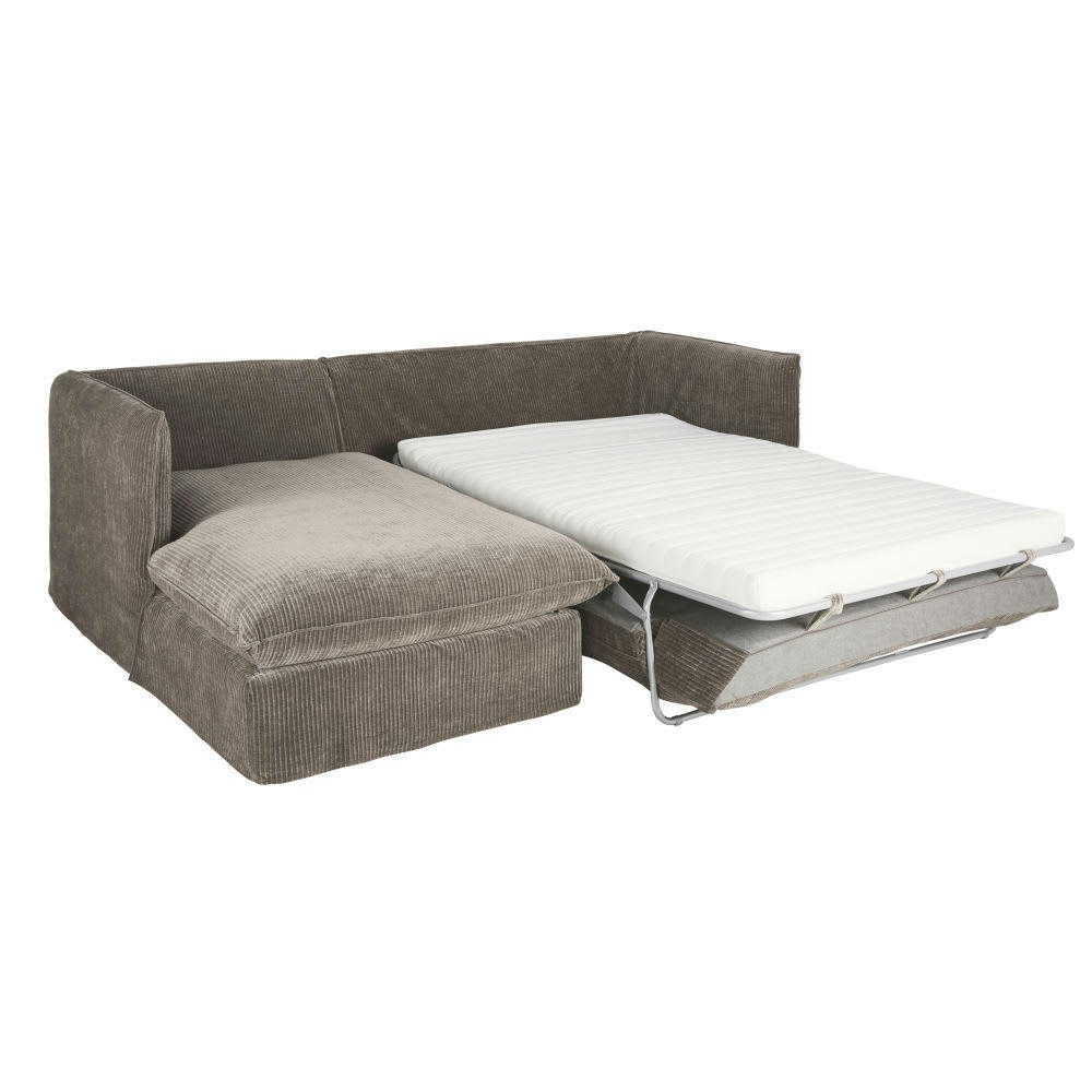 Louvain - Canapé d'angle gauche convertible 3/4 places en velours côtelé marron écorce, matelas 10 cm