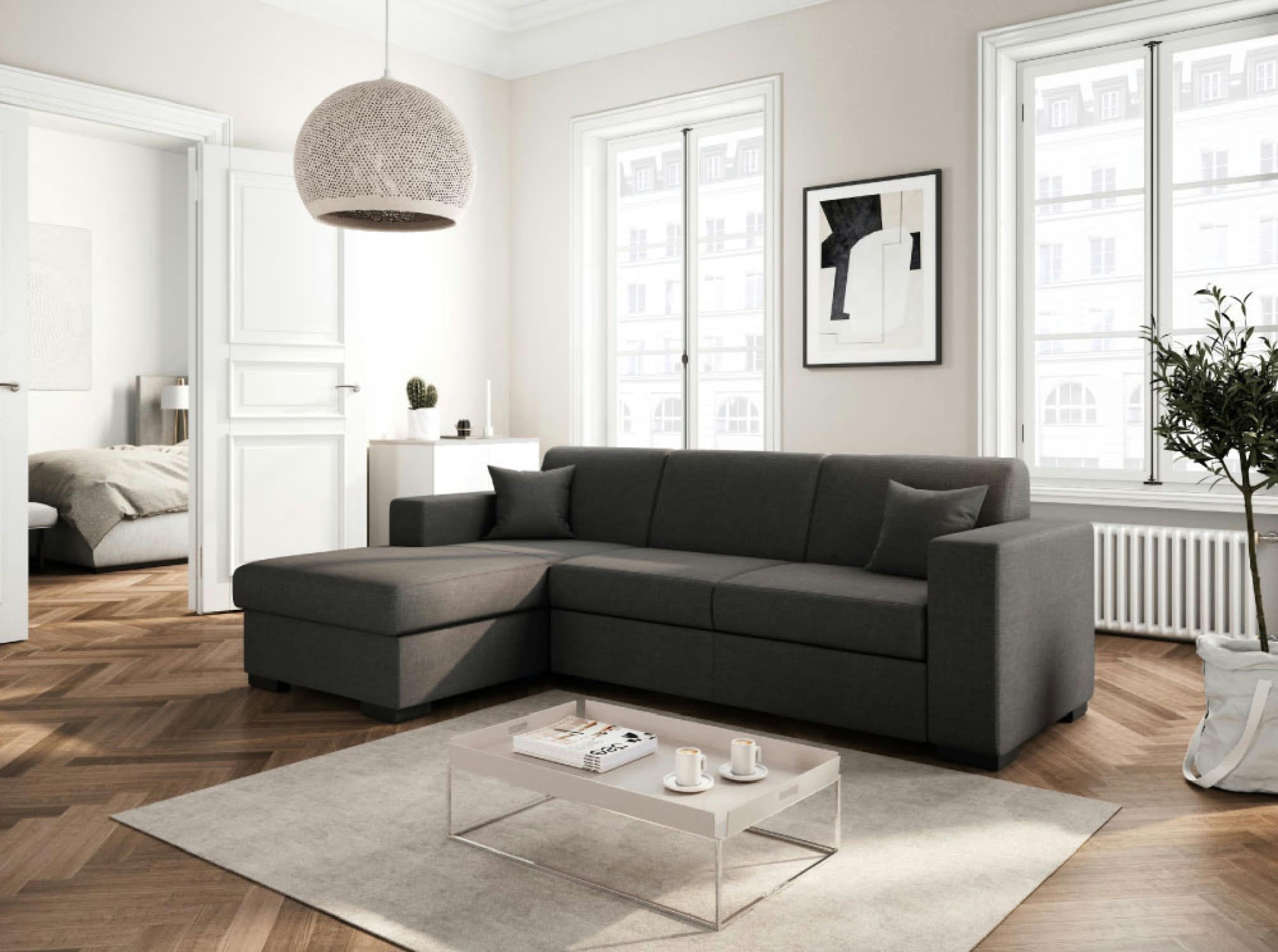 FUJI - Canapé d'angle gauche convertible 4 places en tissu gris foncé