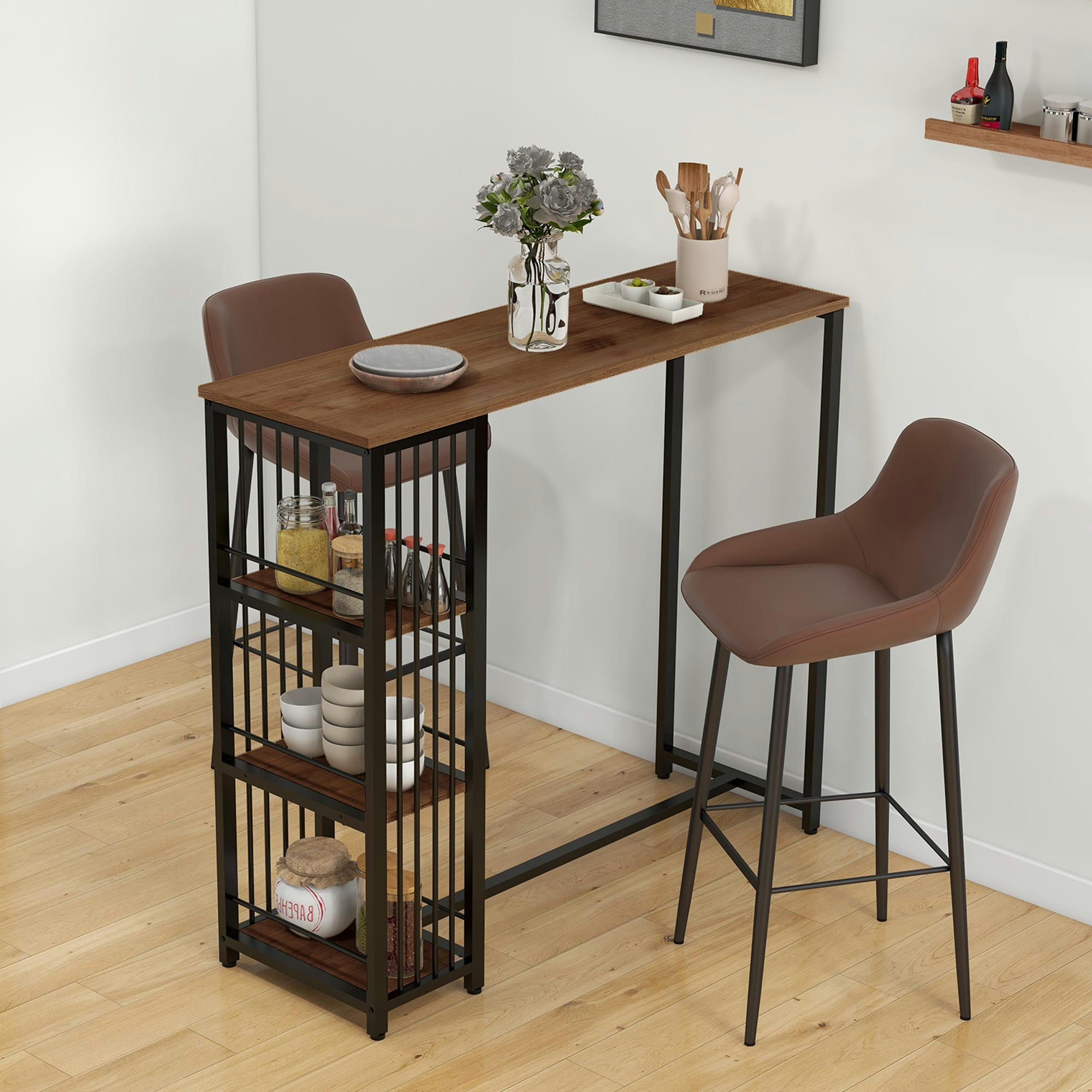 - Table de bar 3 étagères style industriel acier noir aspect bois
