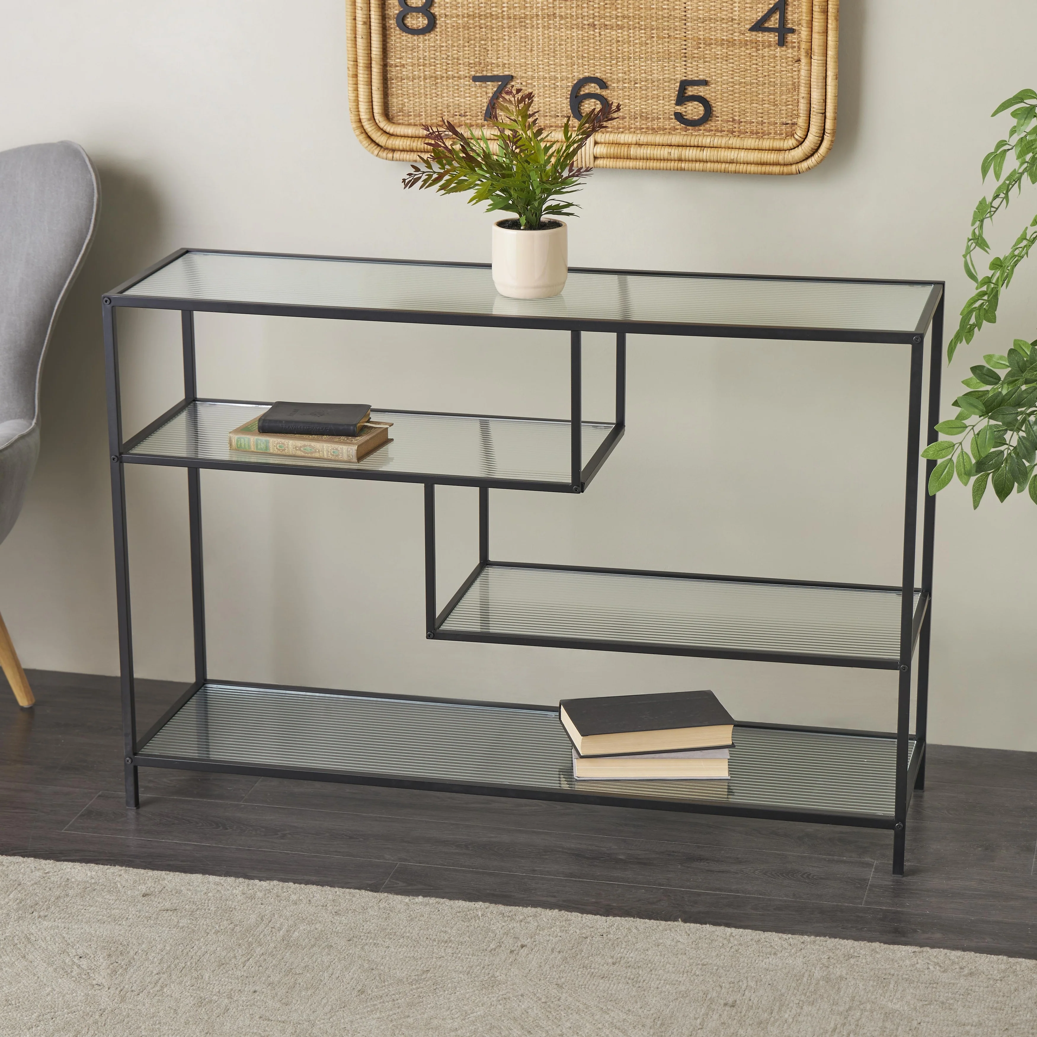 Metal 4 Shelf Shelving Unit with Clear Glass Shelves - Black - Roche River Decor
