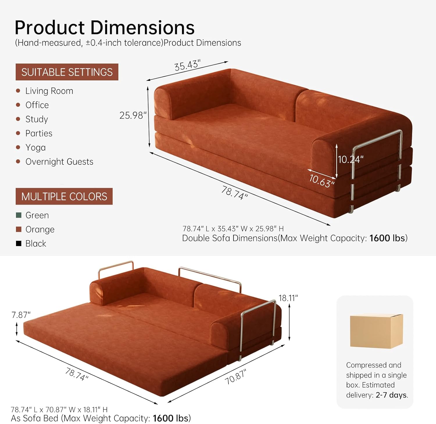 79” Convertible Sofa Bed, 35D High-Density Foam&Corduroy Fabric Sleeper Couch Bed, Fixed-Shape Frame & Removable Armrests,Modular Folding Small Loveseat Futo, Sectional Funto Couch for Small Spaces