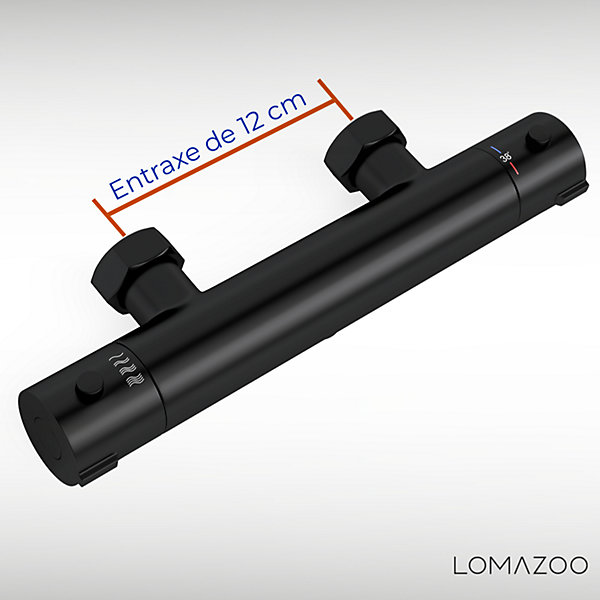 Mitigeur de douche thermostatique noir mat - Entraxe 12 cm - avec bouton de sécurité 38C LOMAZOO