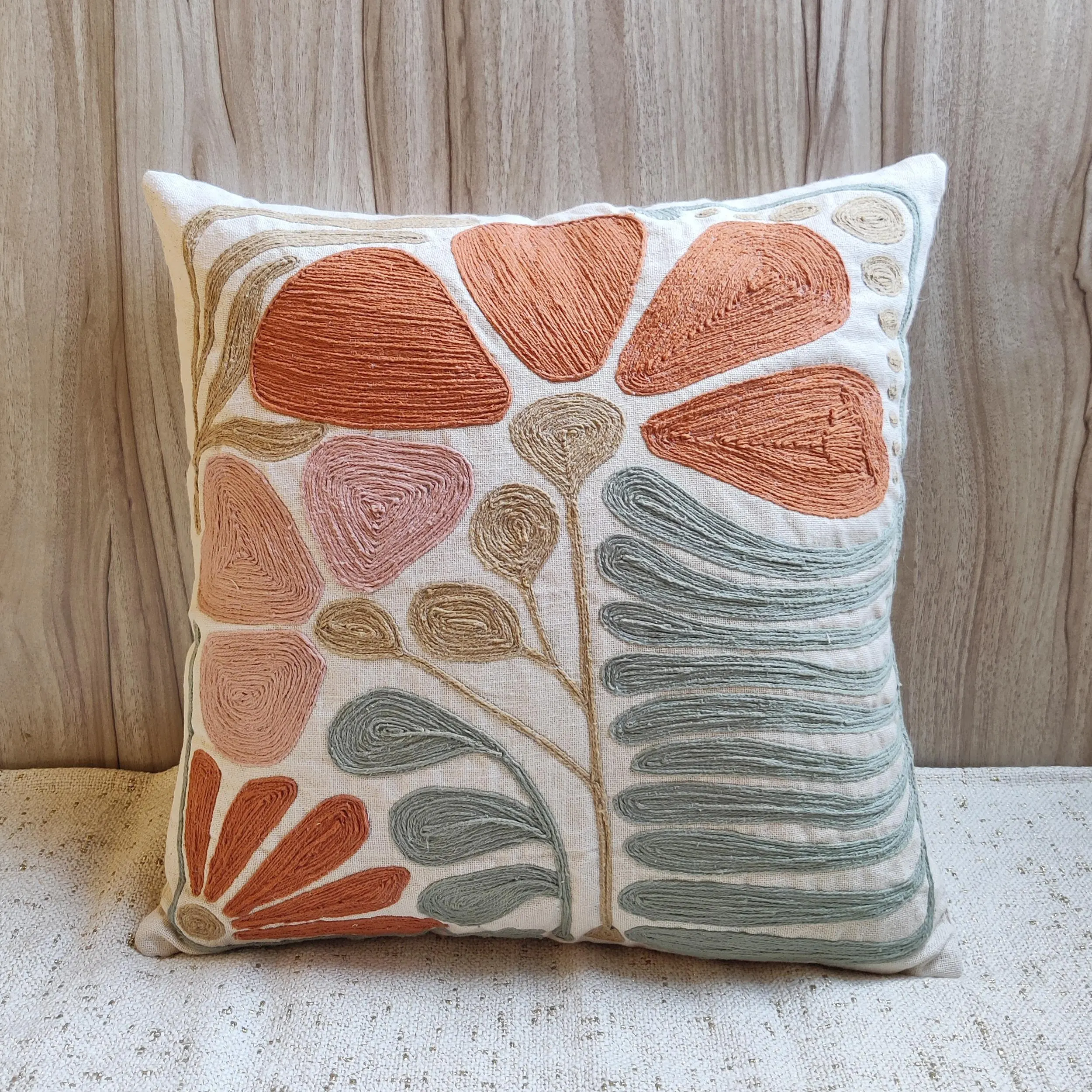 Hand Embroidered 100% Cotton Boho Decorative Throw Pillow Cover, Textured Cushion Cover, Sage Green Terracotta Red Pillows.