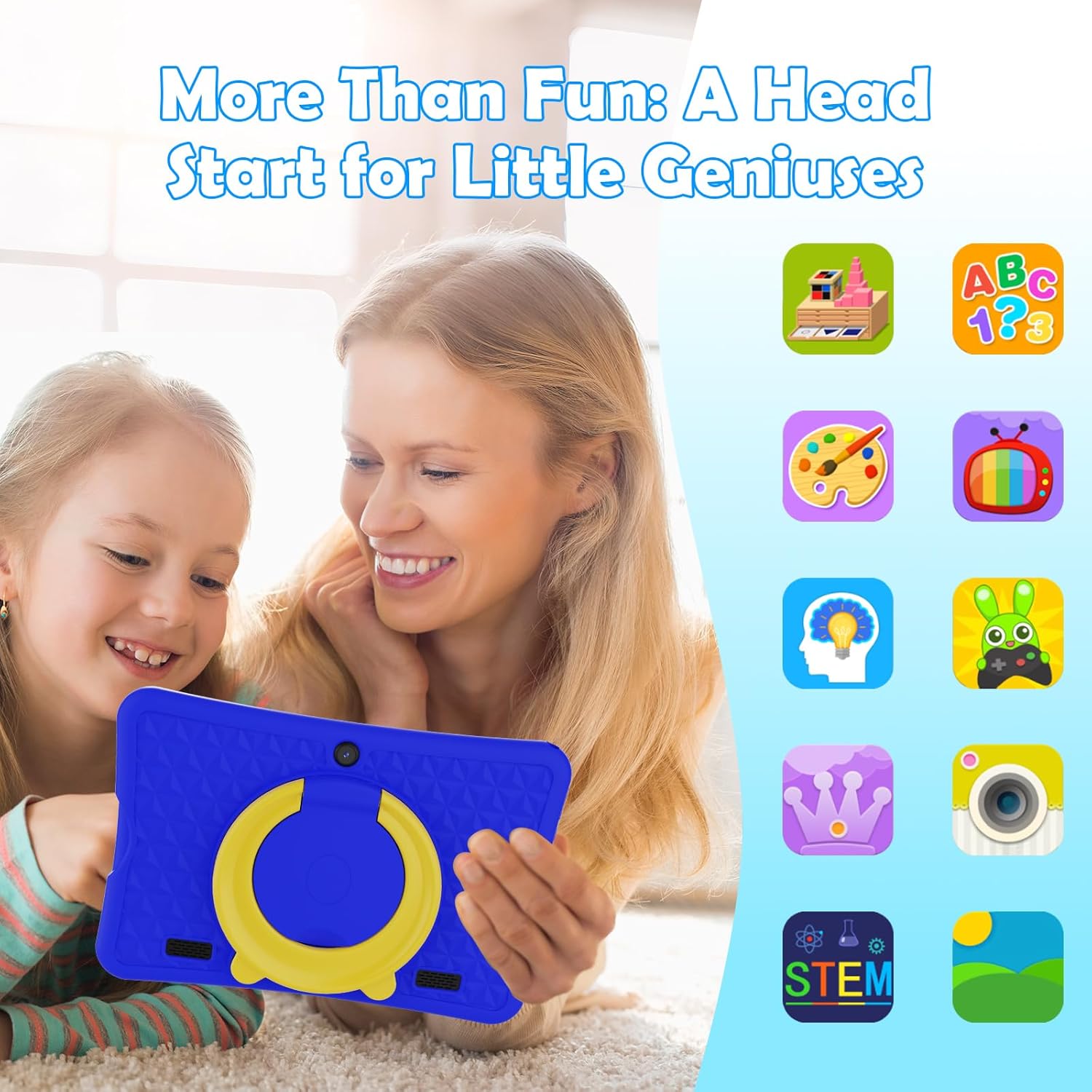 DigiLand Kids Tablet 10.1 inch,Android 15 Tablets,6GB RAM+64GB ROM (Expand to TF) Parental Control,Kids Software Pre-Installed,Dual Camera 2MP+5MP,Android Learning Tablet with Proof Case(Blue)