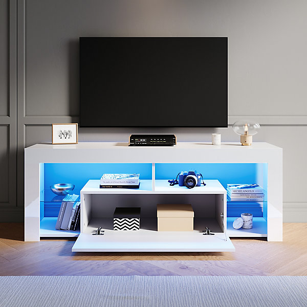 Meuble TV LED SIRHONA Rangement Moderne Sans Poignées   Etagères en Verre   Blanc  140 cm