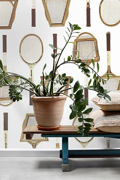 ESTAhome papier peint intissé XXL raquettes de tennis vintage blanc, marron et beige 50 x 900 cm