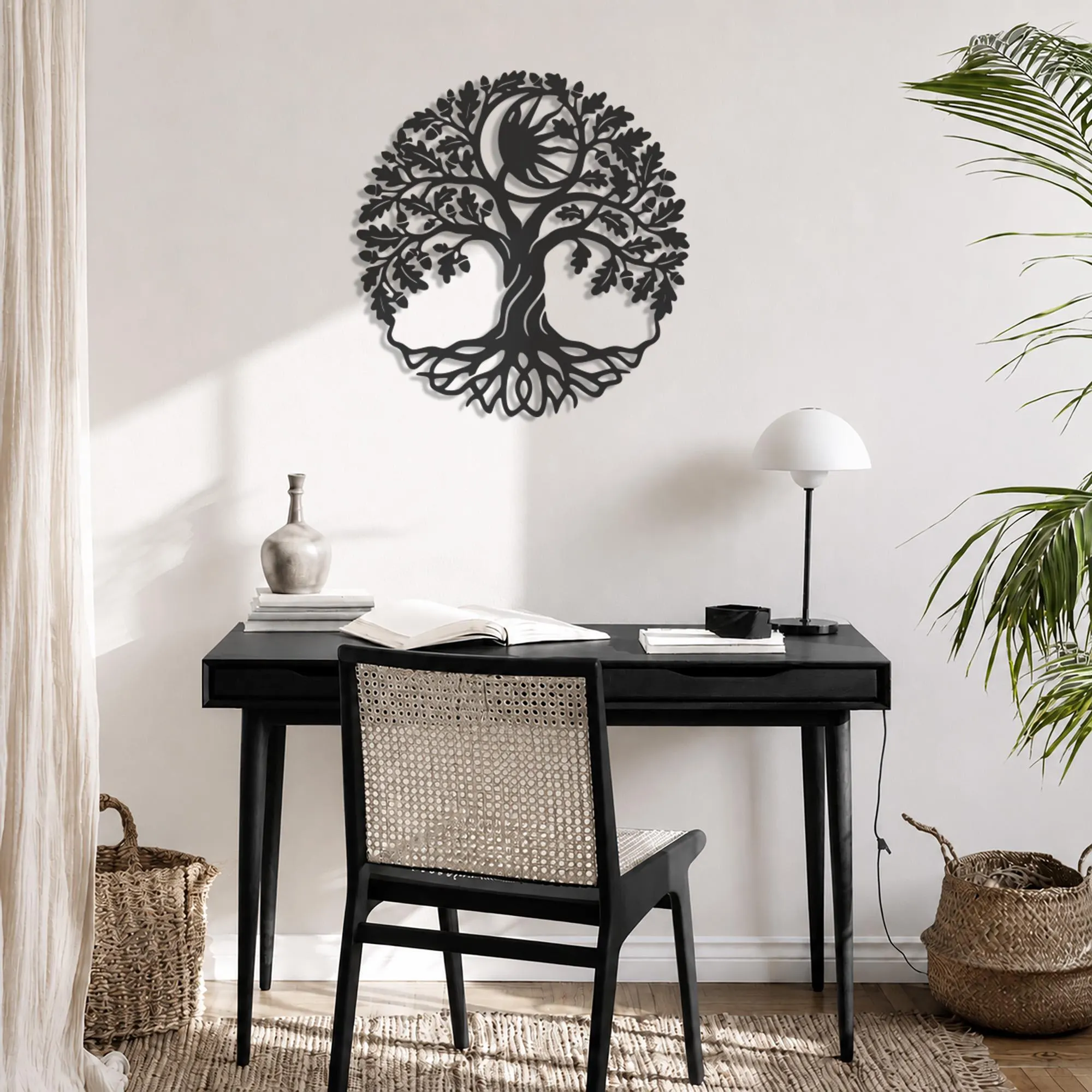 Celestial Tree of Life Metal Wall Art, Crescent Moon Sun Decor, Botanical Nature Accent, Spiritual Home Gift, Mystical Modern Wall Sculpture